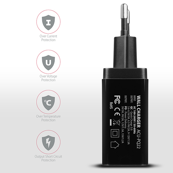 Axagon ACU-PQ22 cargador de dispositivo m�vil Tel�fono m�vil, Bater�a port�til, Smartphone, Reloj inteligente, Tableta, Universal Negro Corriente alterna Carga r�pida Interior
