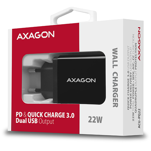 Axagon ACU-PQ22 cargador de dispositivo m�vil Tel�fono m�vil, Bater�a port�til, Smartphone, Reloj inteligente, Tableta, Universal Negro Corriente alterna Carga r�pida Interior