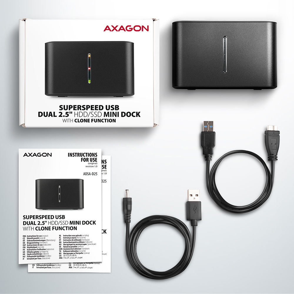 Axagon ADSA-D25 docking station per unit� di archiviazione USB 3.2 Gen 1 (3.1 Gen 1) Type micro-B Nero