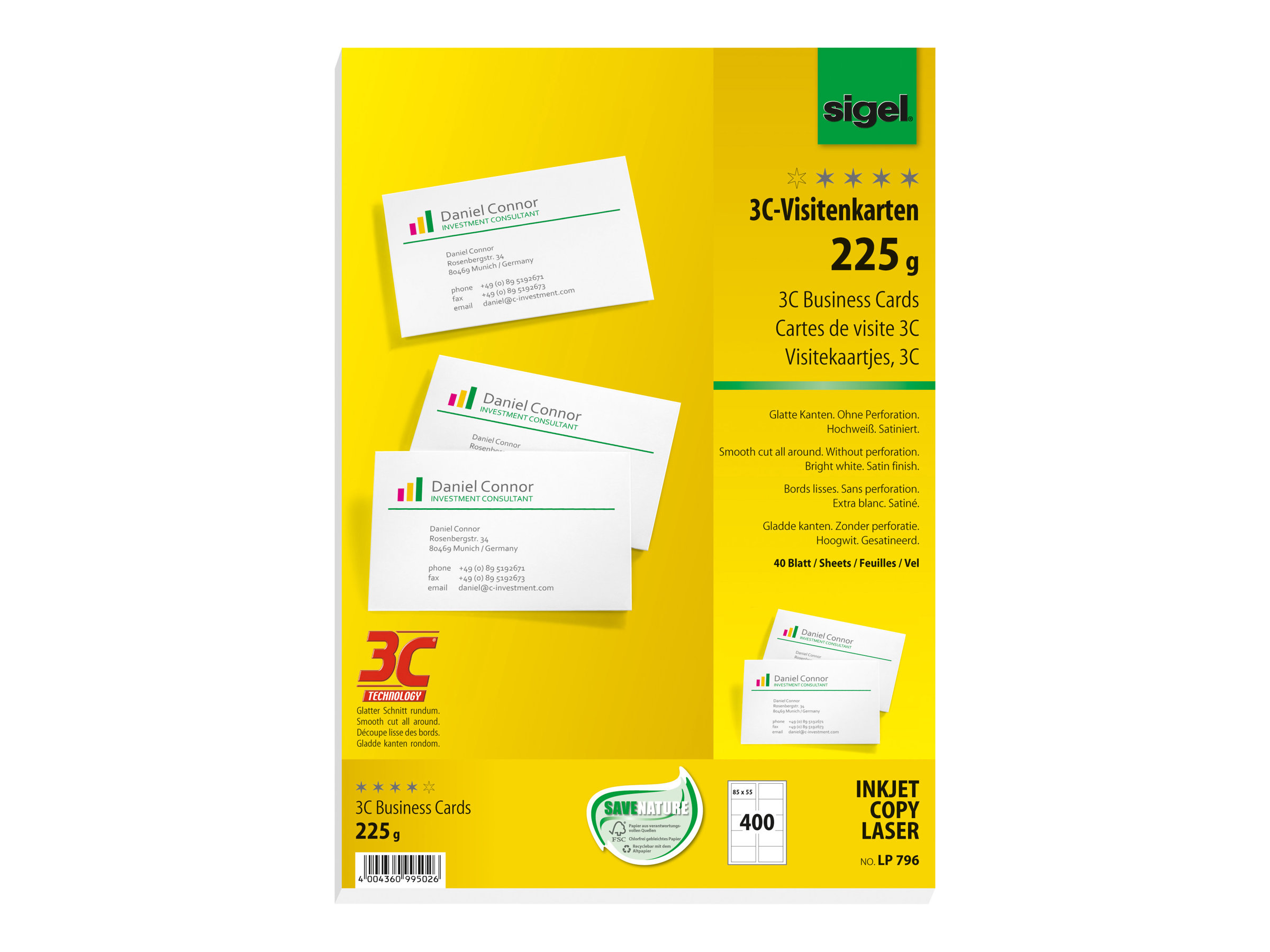 Sigel Business Card 3C LP796 - Hochwei - 85 x 55 mm - 225 g/m - 400 Karte(n) (40 Bogen x 10)