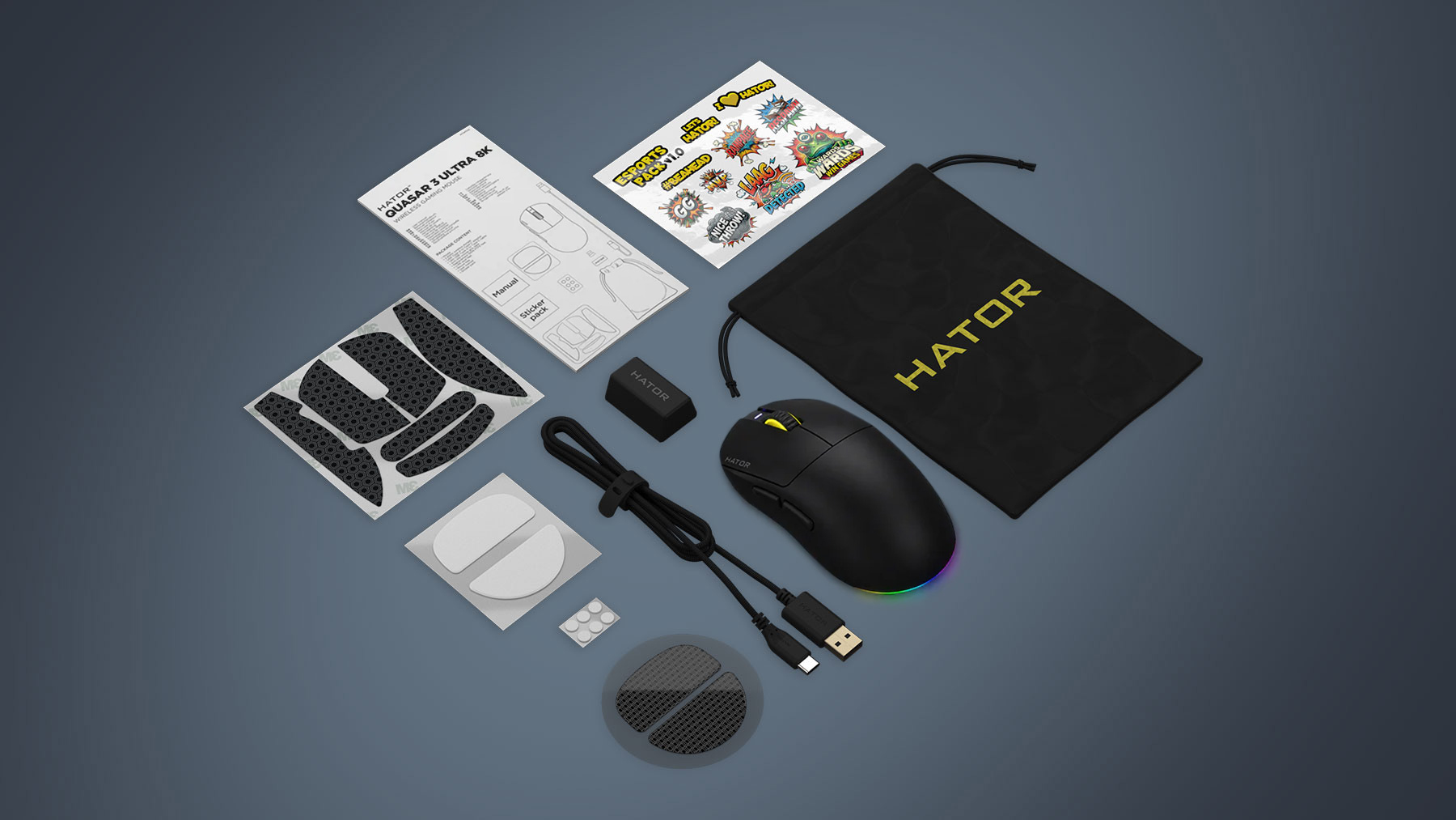 HATOR Quasar 3 Ultra 8K Wireless mouse Gaming Ambidestro RF Wireless + Bluetooth + USB Type-A Ottico 30000 DPI