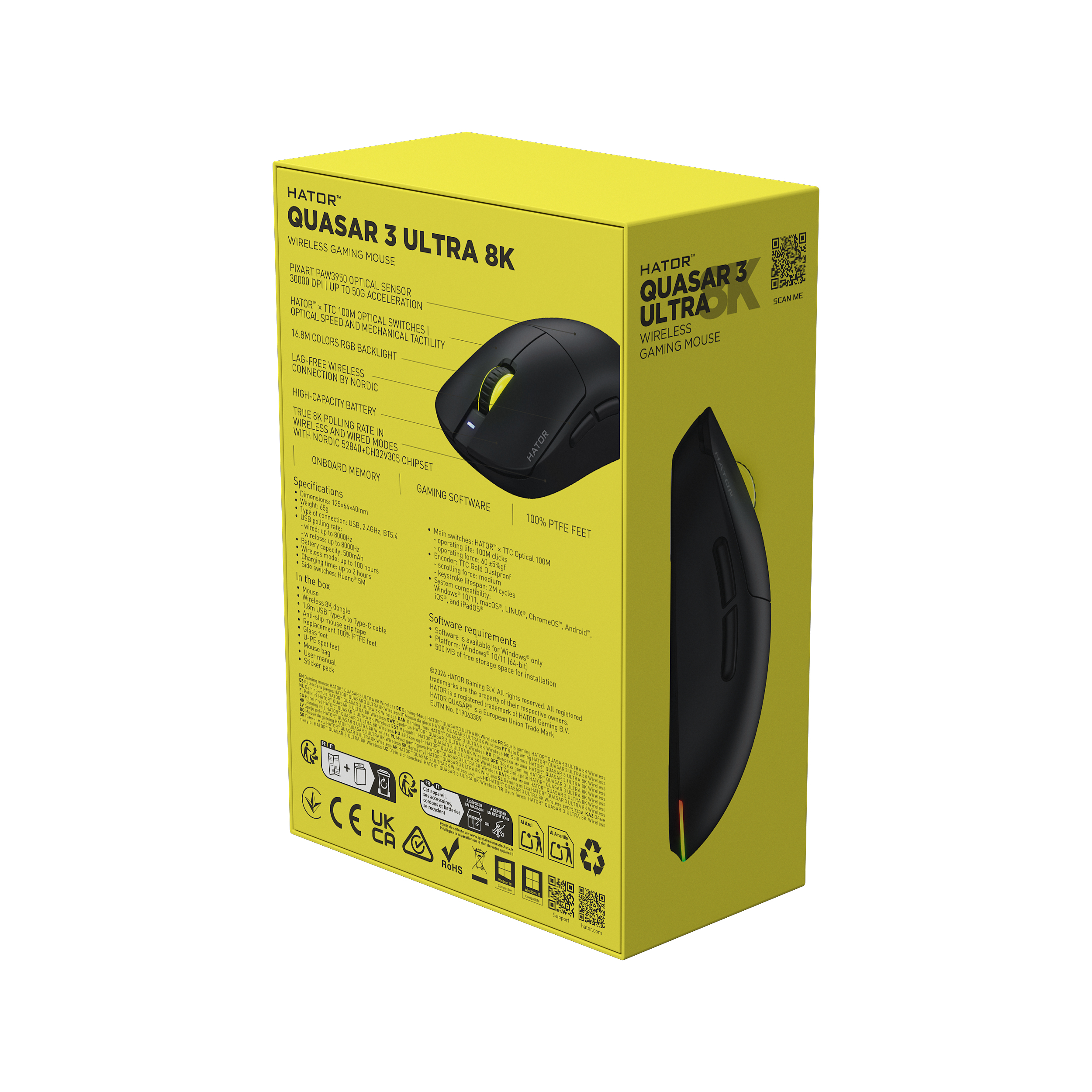 HATOR Quasar 3 Ultra 8K Wireless mouse Gaming Ambidestro RF Wireless + Bluetooth + USB Type-A Ottico 30000 DPI