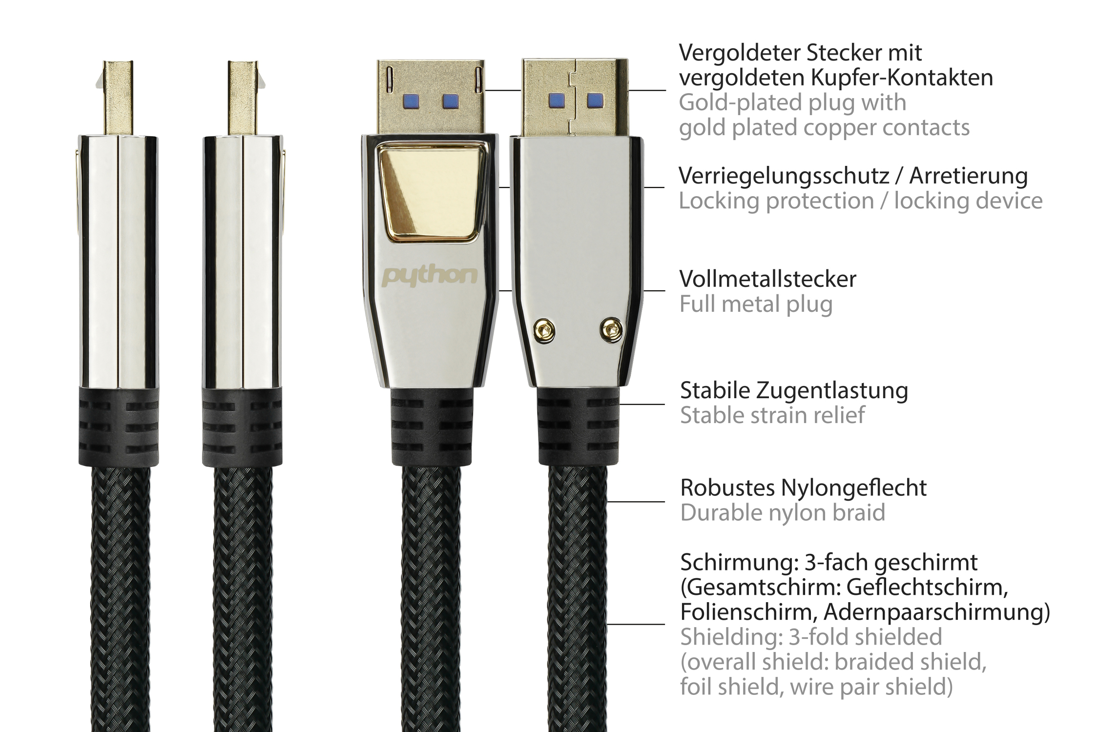 PREMIUM DisplayPort 2.0 Kabel, 54 Gbit/s, UHBR 13.5, 4K @240Hz / 8K @60Hz, Vollmetallstecker, Kupfer