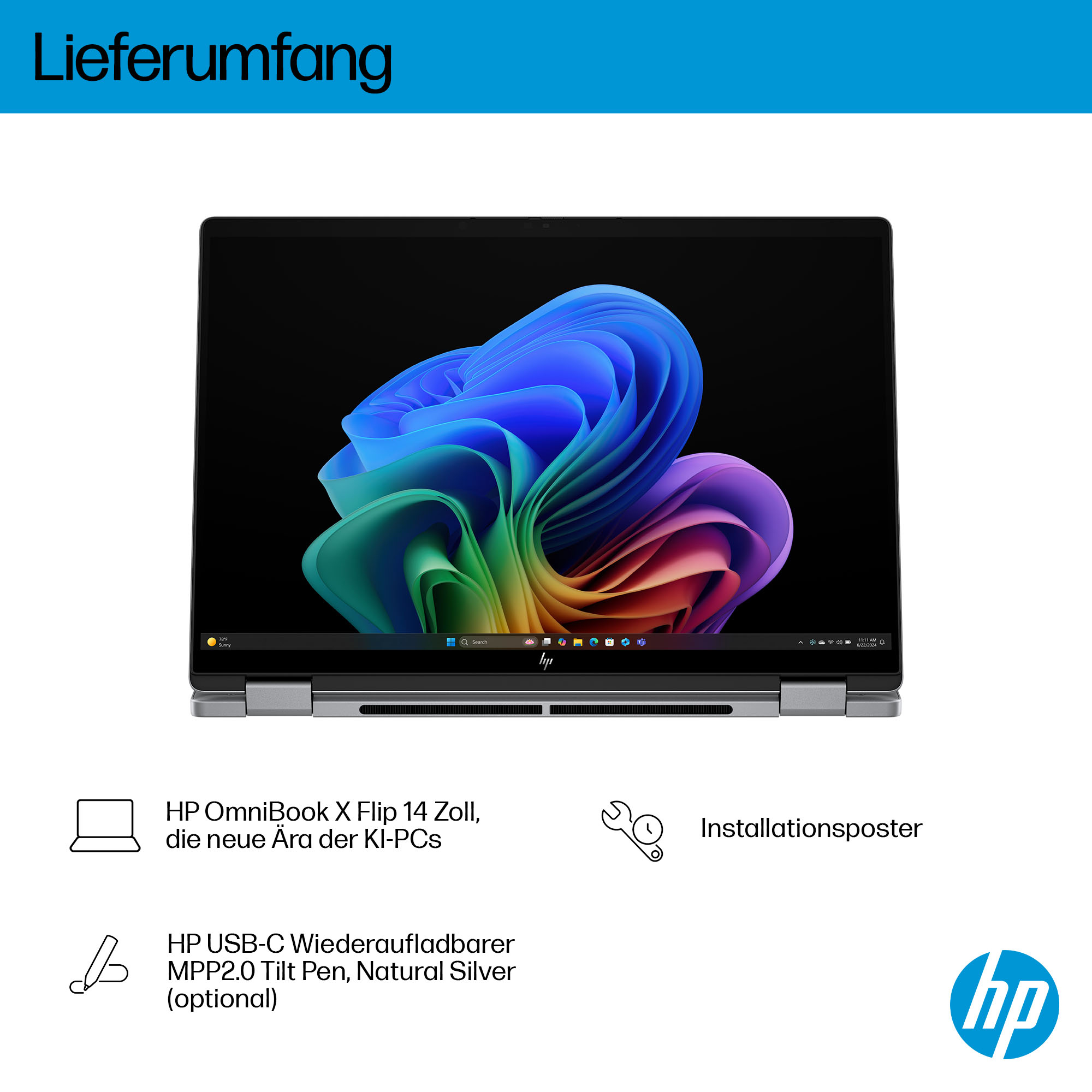 HP OmniBook X Flip Next Gen AI Laptop 14-fm0056ng - Flip-Design - Intel Core Ultra 5 226V / 2.1 GHz - Win 11 Home - Arc Graphics 130V - 16 GB RAM - 512 GB SSD NVMe - 35.6 cm (14)