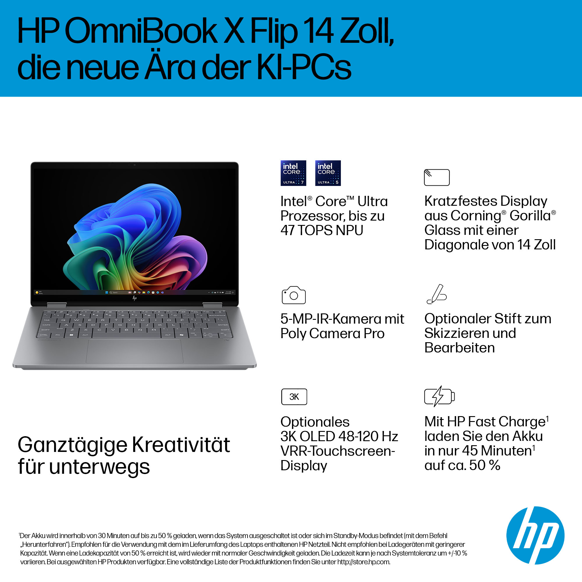 HP OmniBook X Flip Next Gen AI Laptop 14-fm0056ng - Flip-Design - Intel Core Ultra 5 226V / 2.1 GHz - Win 11 Home - Arc Graphics 130V - 16 GB RAM - 512 GB SSD NVMe - 35.6 cm (14)