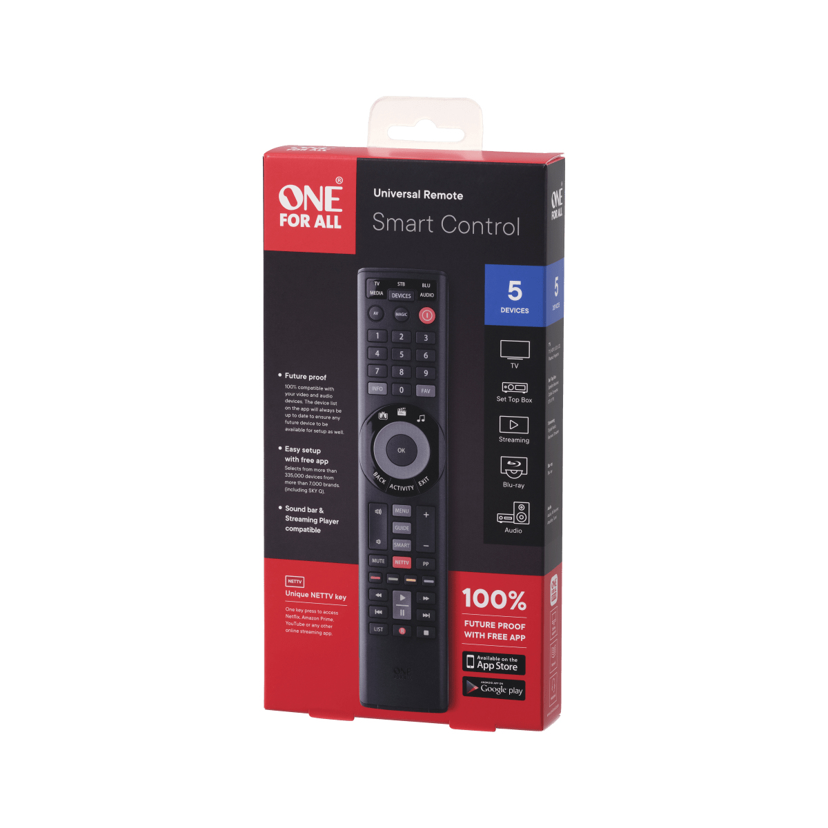 One for All URC7955  One For All Advanced Smart Control 5 télécommande IR  Wireless Acoustique, Cable, DTT, DVD/Blu-ray, console de jeux, Système home  cinema, IPTV, Media player, SAT, STB, TNT, TV
