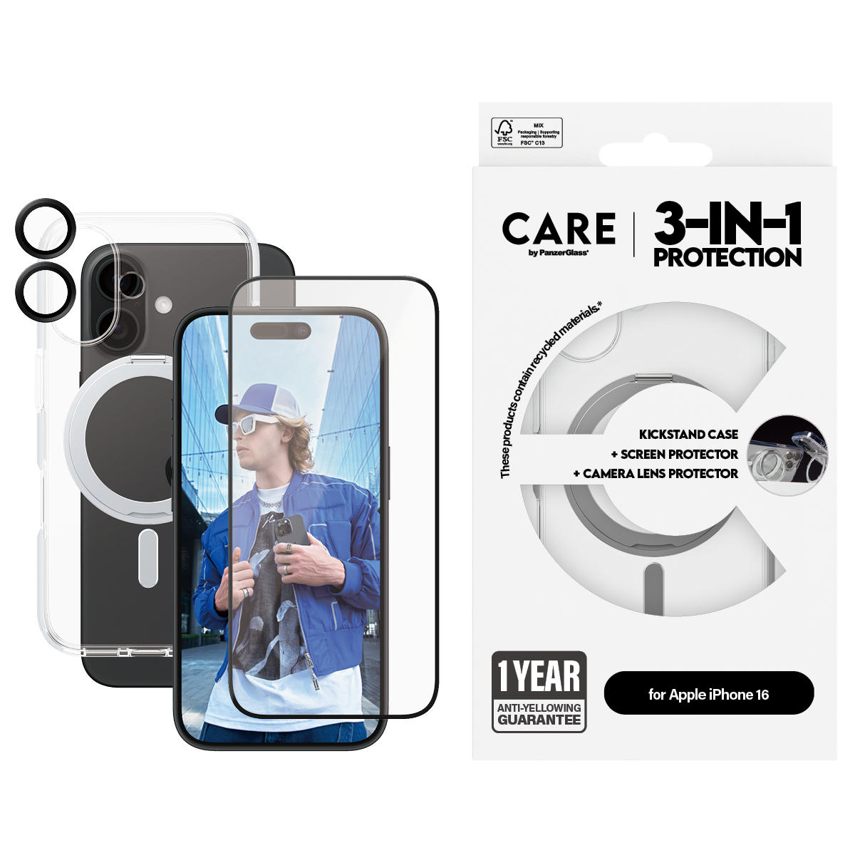 PanzerGlass CARE by PanzerGlass - 3-in-1 Schutzpacket - hintere Abdeckung f�r Mobiltelefon - Keramik - kompatibel mit MagSafe - Polycarbonat, Thermoplastisches Polyurethan (TPU)