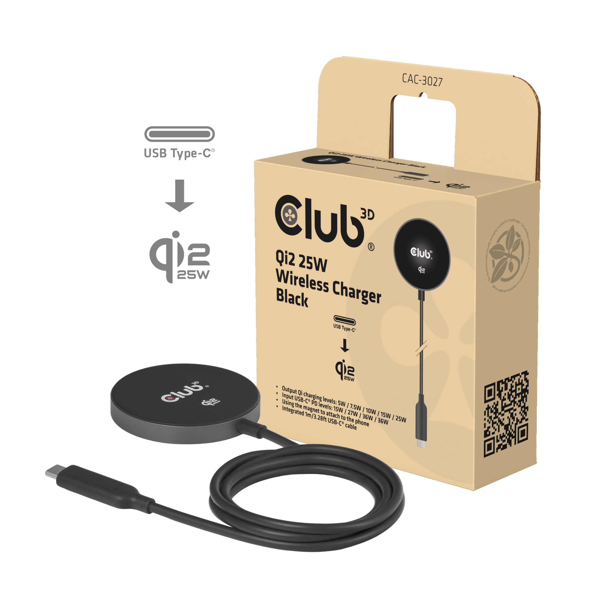 CLUB3D CAC-3027 Qi2 25W Wireless Charger Black Qi 2.2 MagSafe Compatible Magnetic Pad