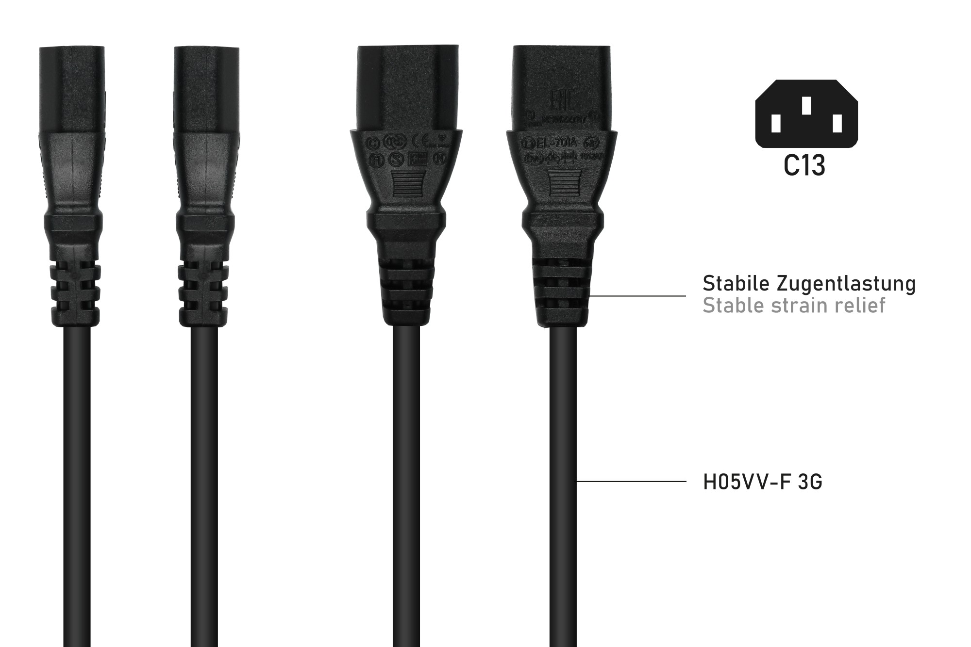 kabelmeister� Y-Kaltger�teverl�ngerung Kaltger�te-Stecker C14 an 2x Kaltger�te-Buchse C13, schwarz,