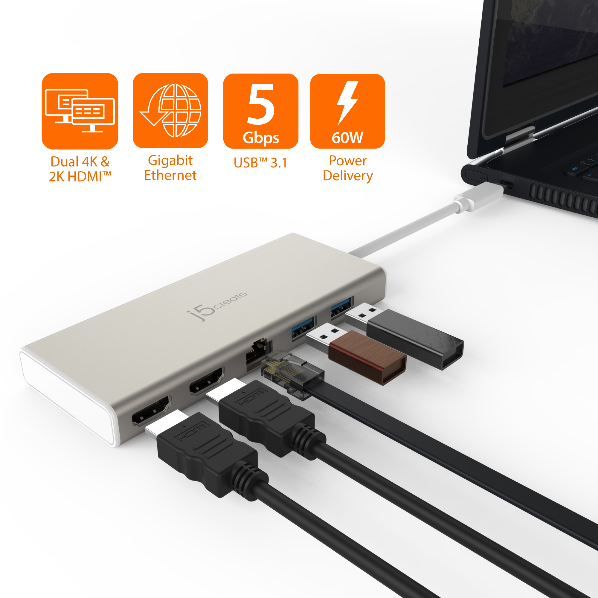 j5create JCD381-N USB Type-C Dual HDMI Mini Dock-Ethernet/ USB 3.1 HUB / PD2.0