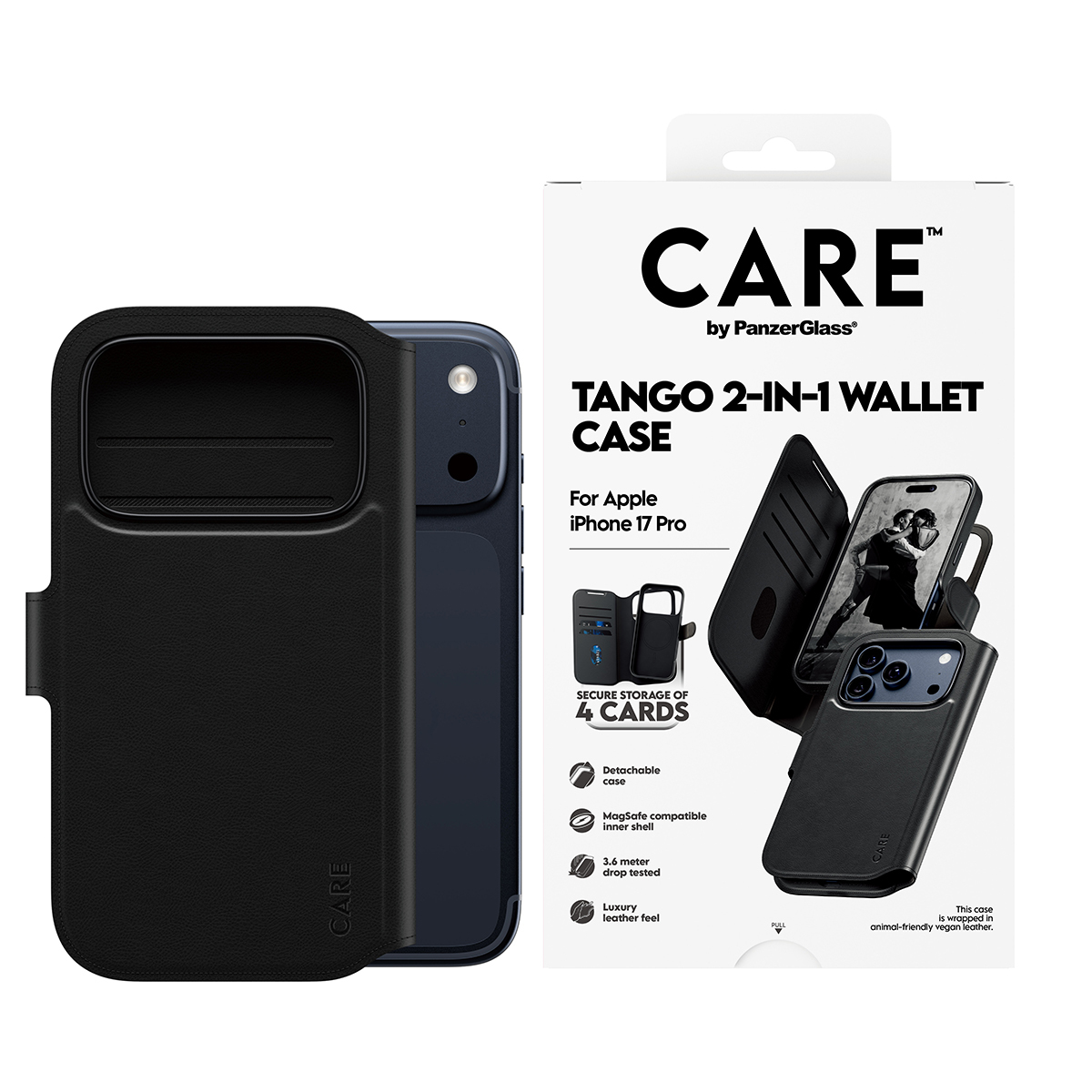 PanzerGlass CARE by � Feature Case Tango Two-in-One Wallet w. MagSafe iPhone 17 Pro custodia per cellulare Cover Nero