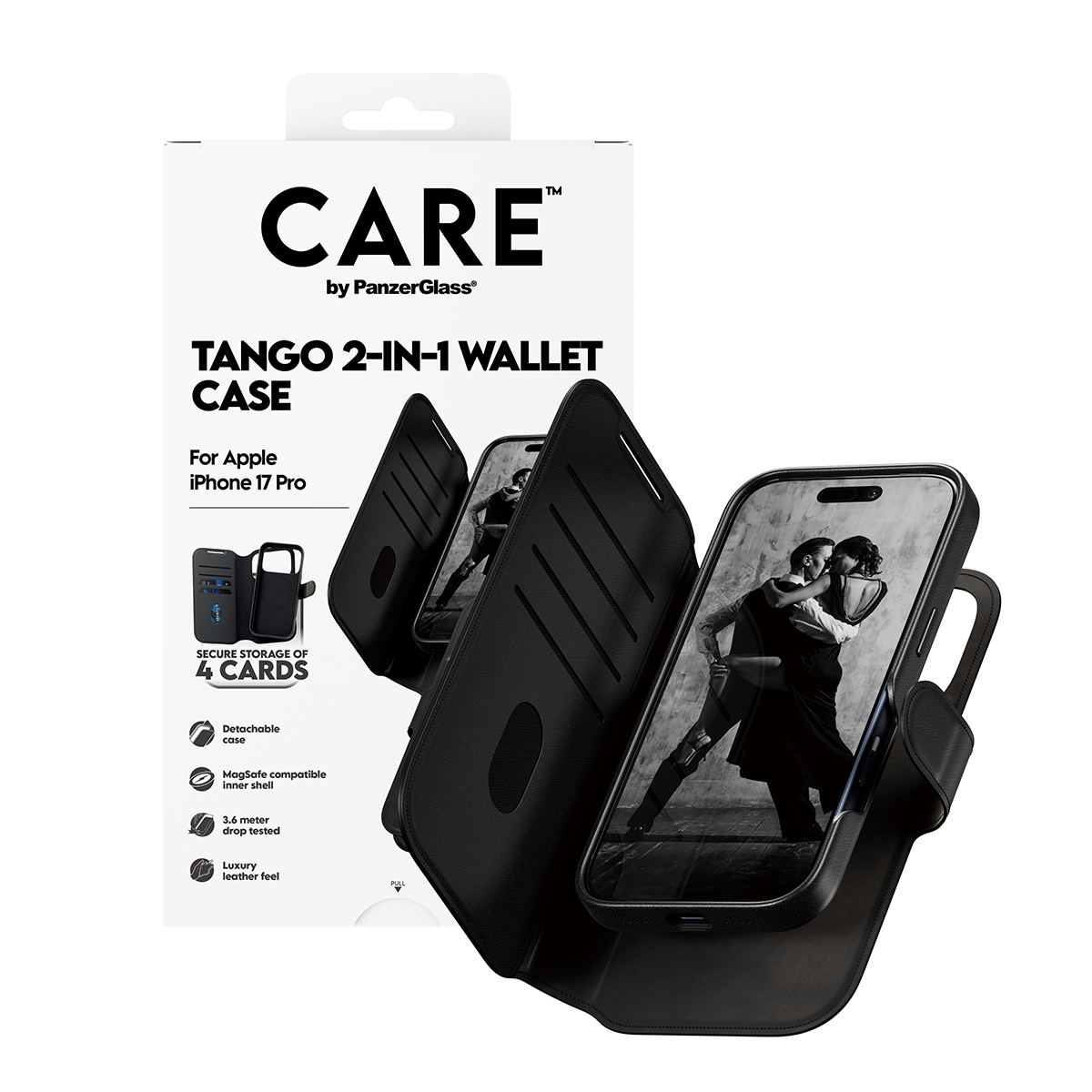 PanzerGlass CARE by � Feature Case Tango Two-in-One Wallet w. MagSafe iPhone 17 Pro custodia per cellulare Cover Nero