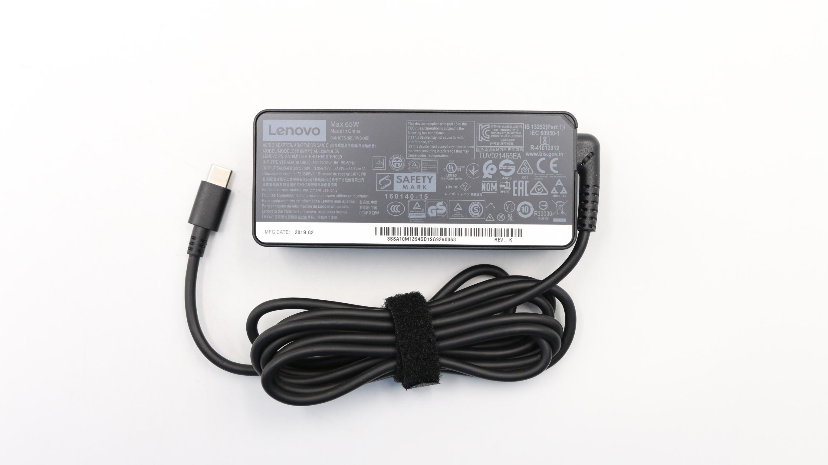 Cargador  Lenovo 65W AC ADAPTER, 100-240 V, Negro