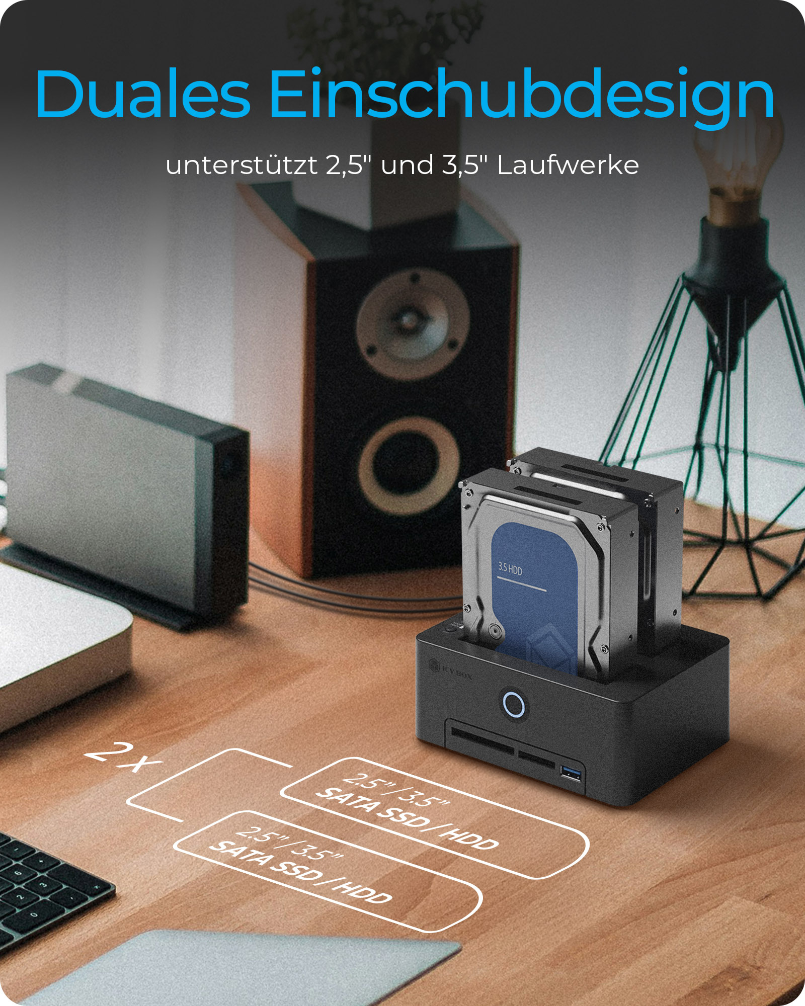 ICY BOX IB-1233CL-CR - HDD / SSD Dockingstation - Klonstation Sch�chte: 2 - 2,5 / 3,5 gemeinsam genutzt (6,4 cm/8,9 cm gemeinsam genutzt)
