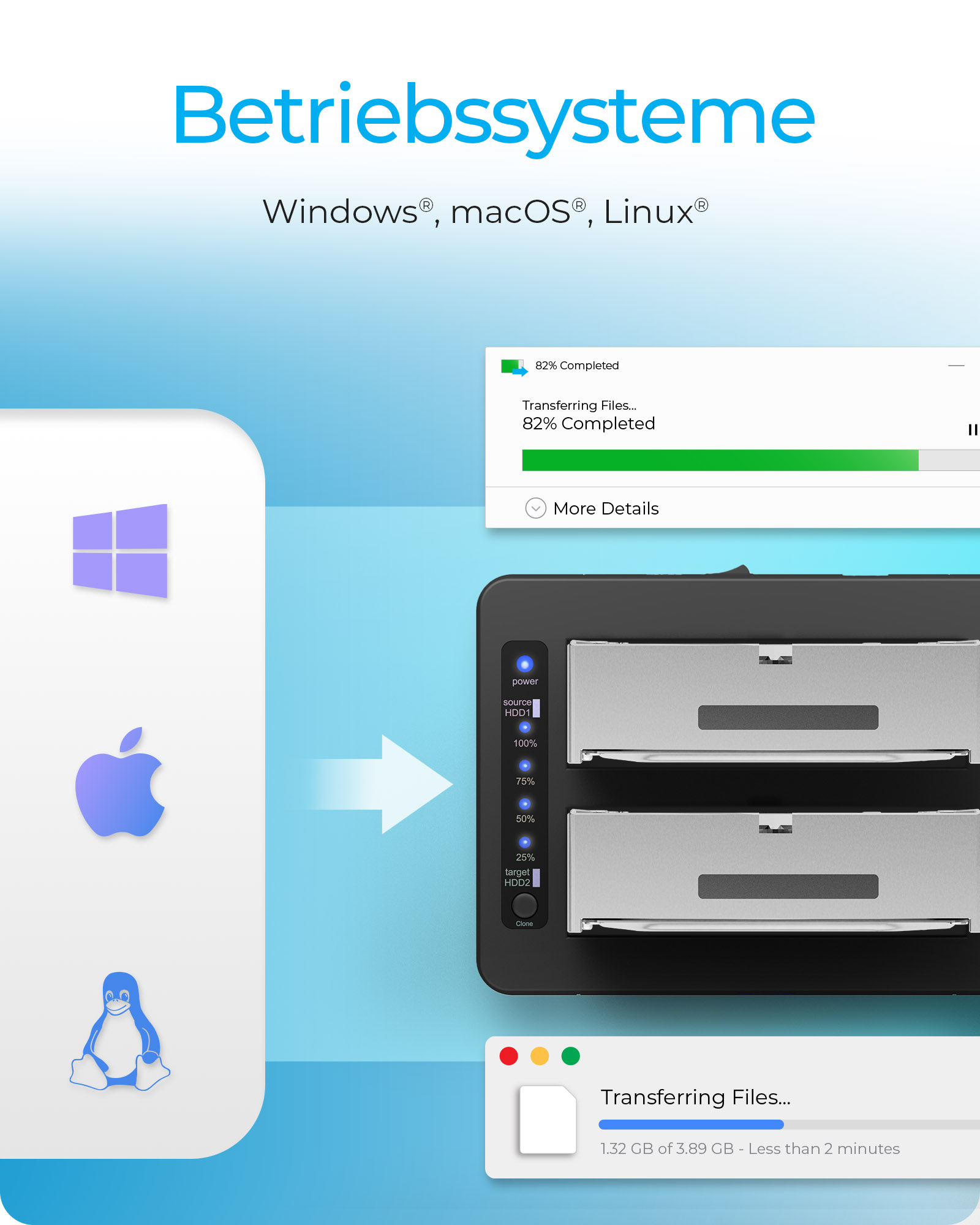 ICY BOX IB-1233CL-CR - HDD / SSD Dockingstation - Klonstation Sch�chte: 2 - 2,5 / 3,5 gemeinsam genutzt (6,4 cm/8,9 cm gemeinsam genutzt)