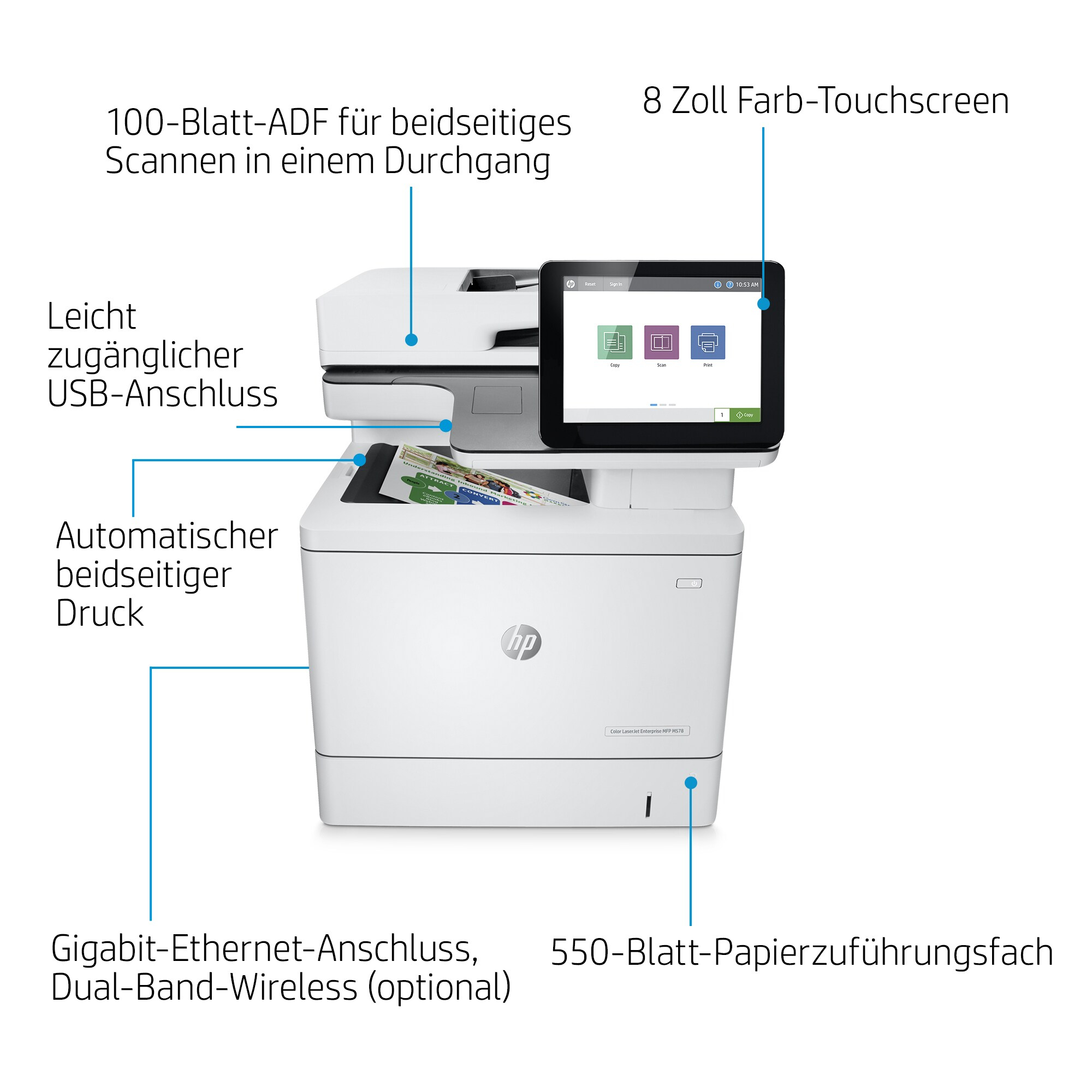 HP 7ZU85A#B19  HP Color LaserJet Enterprise Imprimante multifonction  M578dn, Impression, copie, numérisation, télécopie (en option), Impression  recto-verso; Chargeur automatique de documents de 100 feuilles;  Éco-énergétique