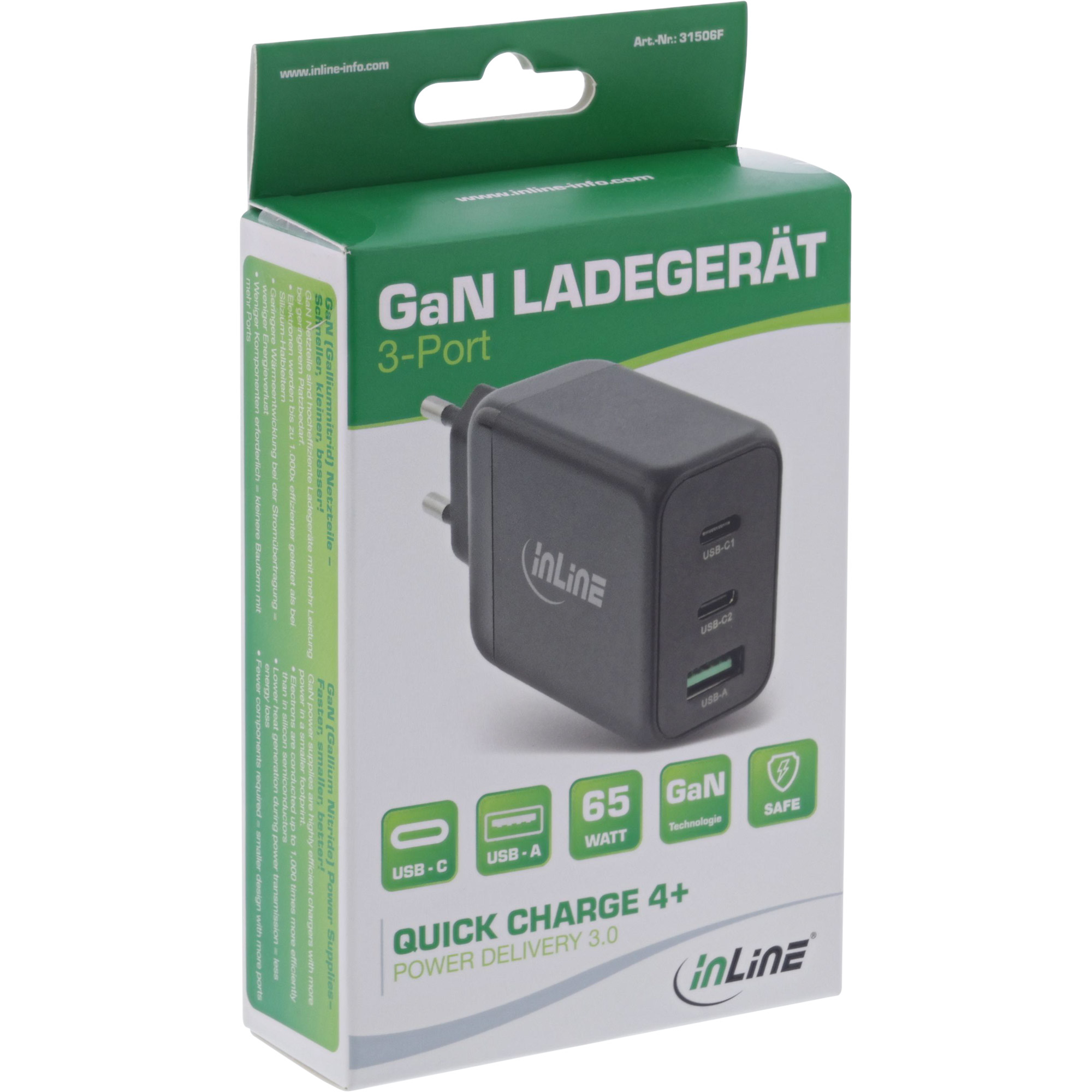 InLine USB PD Netzteil - GaN Ladeger�t - 3-Port - Dual USB-C + USB-A - 65W