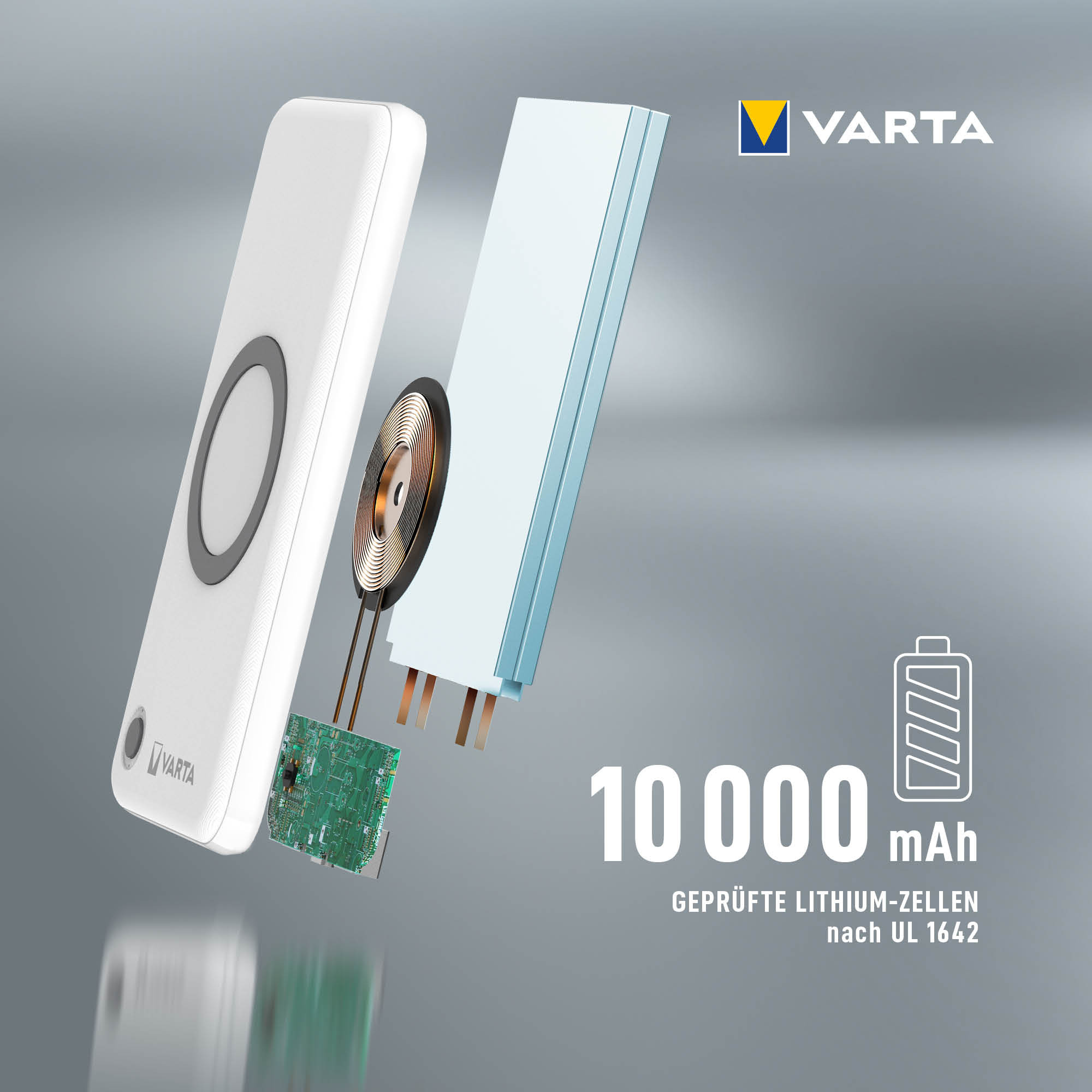 Varta Induktives Ladepad / Powerbank - Li-Pol - 10000 mAh - 18 Watt - 3 A - QC 3.0, PD - 3 Ausgabeanschlussstellen (USB, USB-C)