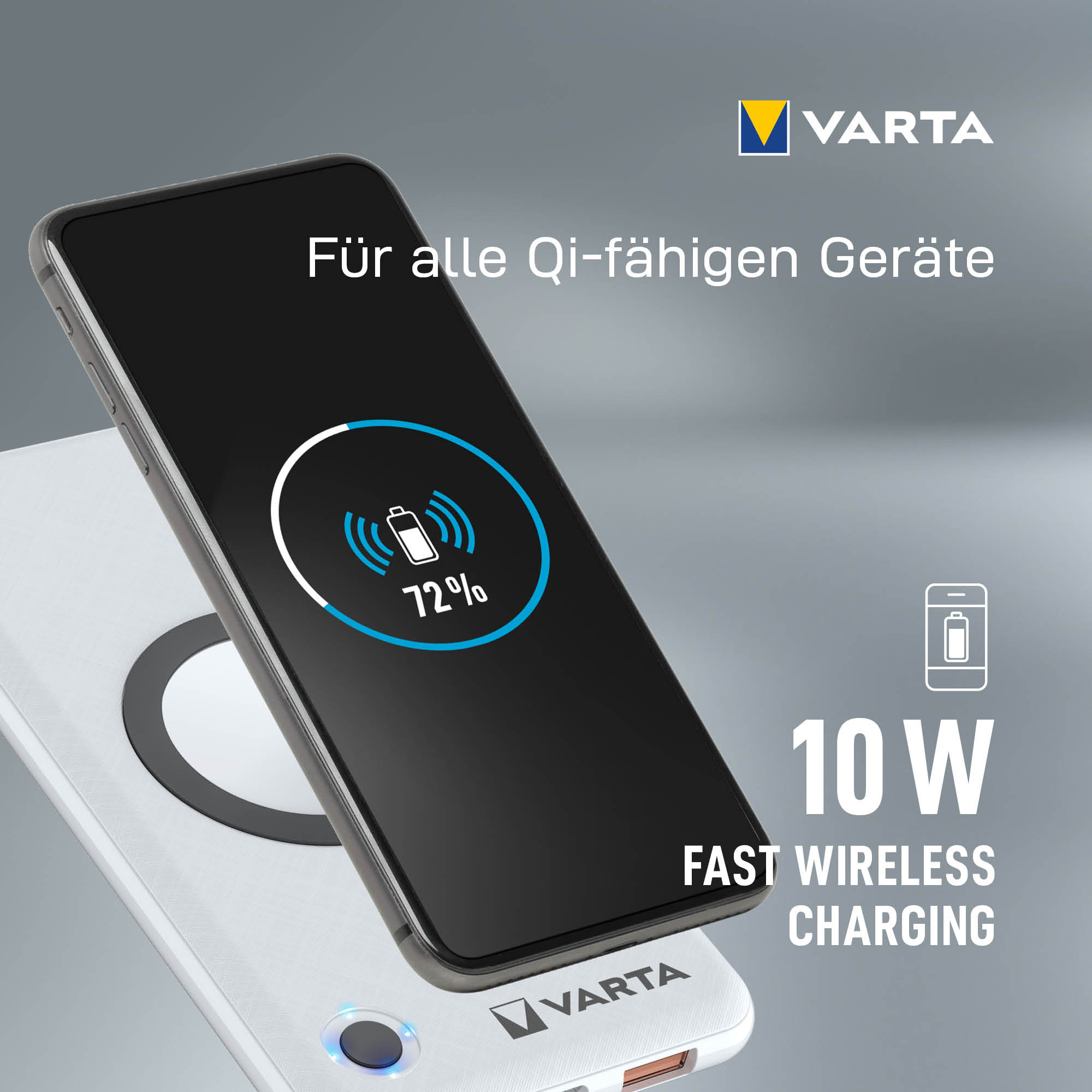 Varta Induktives Ladepad / Powerbank - Li-Pol - 10000 mAh - 18 Watt - 3 A - QC 3.0, PD - 3 Ausgabeanschlussstellen (USB, USB-C)