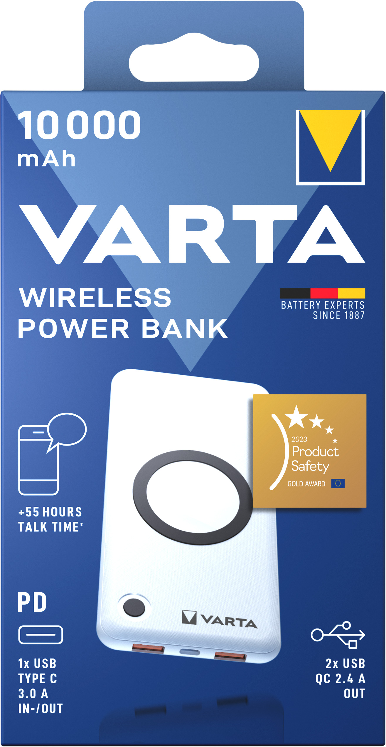 Varta Induktives Ladepad / Powerbank - Li-Pol - 10000 mAh - 18 Watt - 3 A - QC 3.0, PD - 3 Ausgabeanschlussstellen (USB, USB-C)