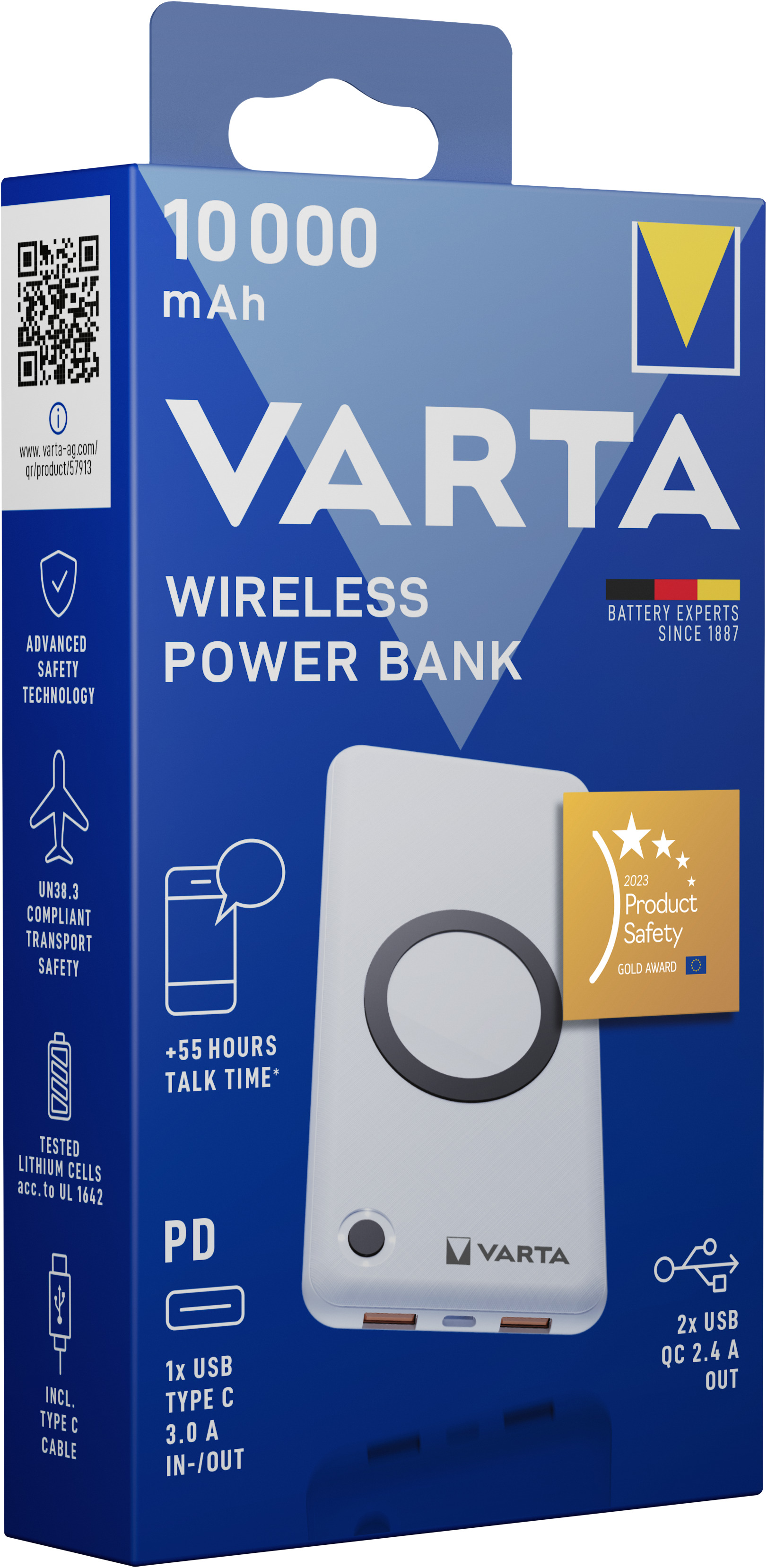 Varta Induktives Ladepad / Powerbank - Li-Pol - 10000 mAh - 18 Watt - 3 A - QC 3.0, PD - 3 Ausgabeanschlussstellen (USB, USB-C)