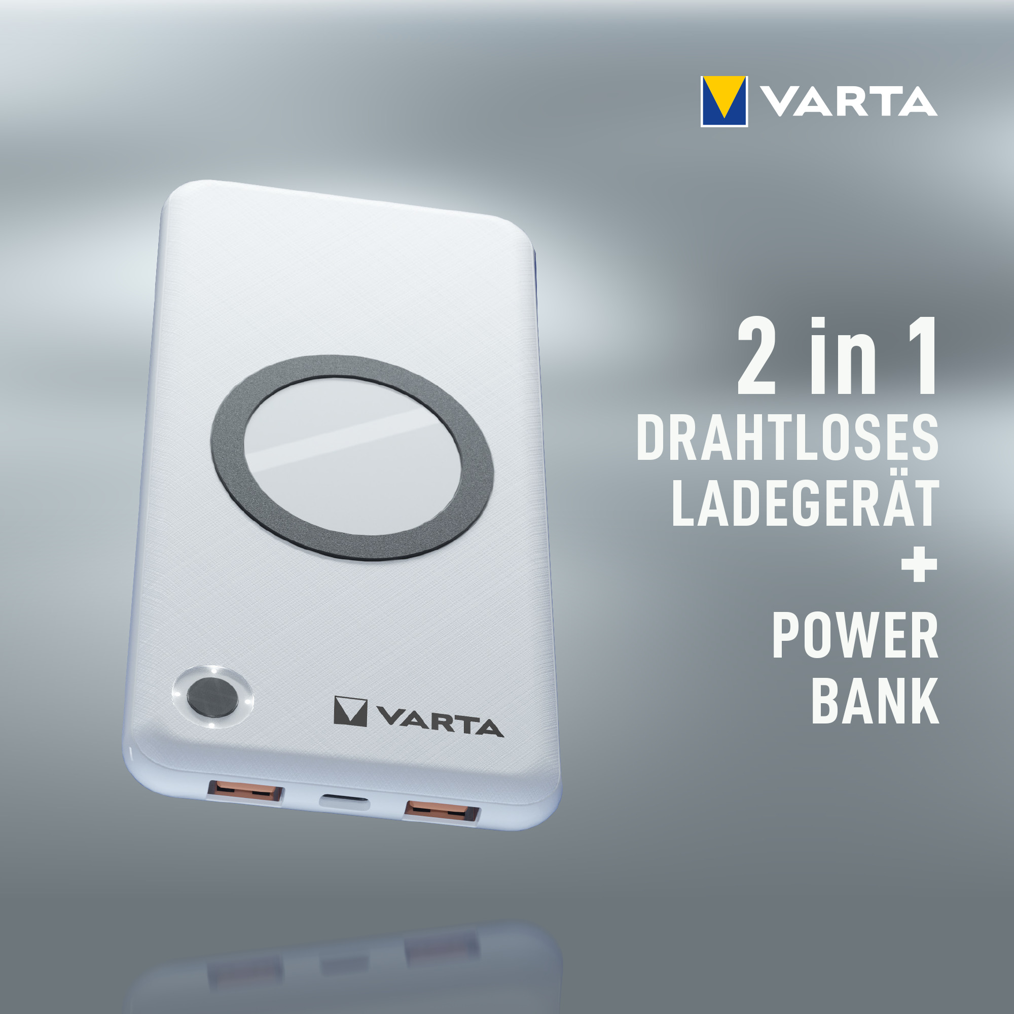 Varta Induktives Ladepad / Powerbank - Li-Pol - 10000 mAh - 18 Watt - 3 A - QC 3.0, PD - 3 Ausgabeanschlussstellen (USB, USB-C)