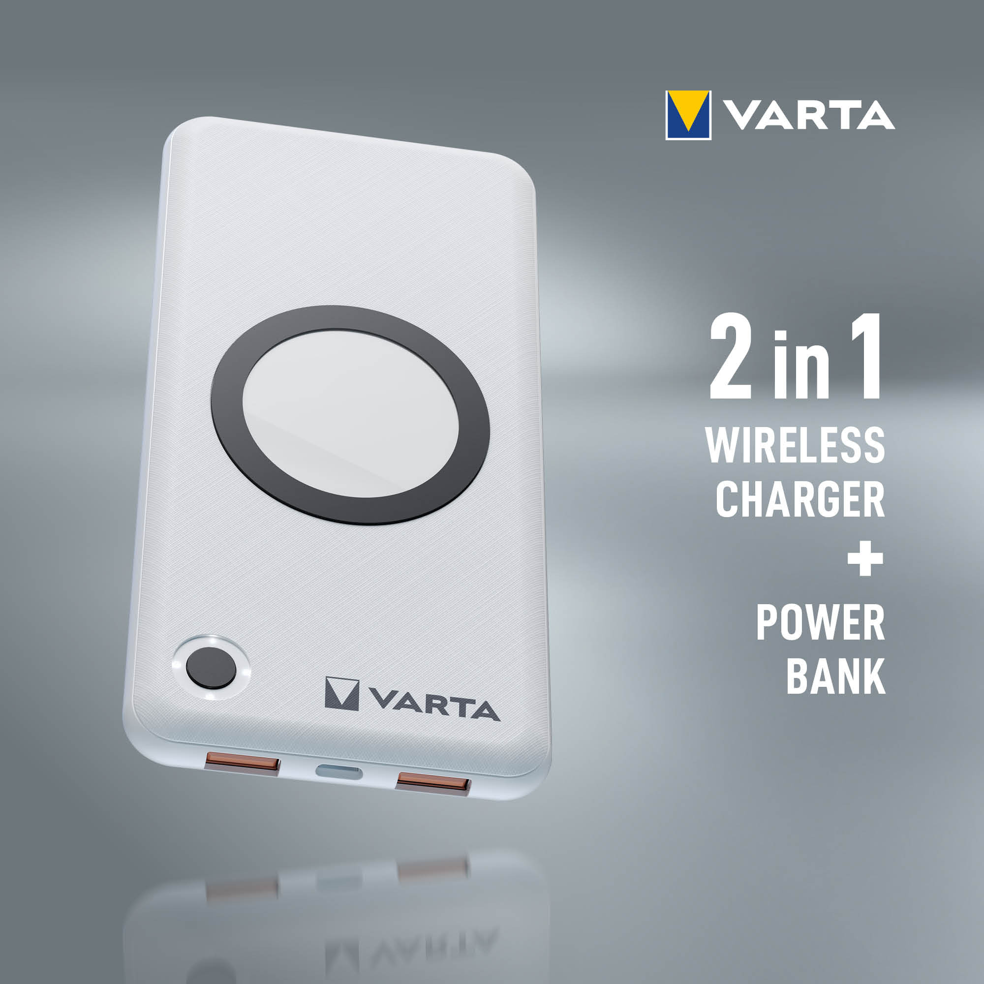 Varta Induktives Ladepad / Powerbank - Li-Pol - 10000 mAh - 18 Watt - 3 A - QC 3.0, PD - 3 Ausgabeanschlussstellen (USB, USB-C)