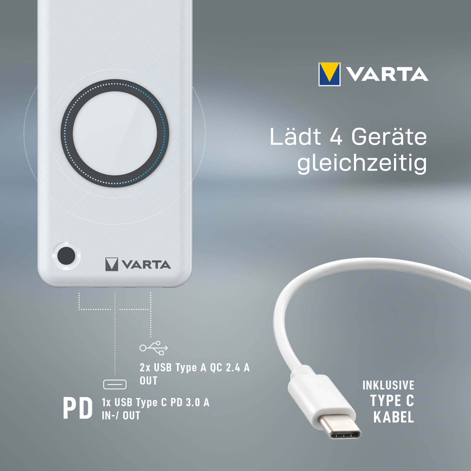 Varta Induktives Ladepad / Powerbank - Li-Pol - 10000 mAh - 18 Watt - 3 A - QC 3.0, PD - 3 Ausgabeanschlussstellen (USB, USB-C)
