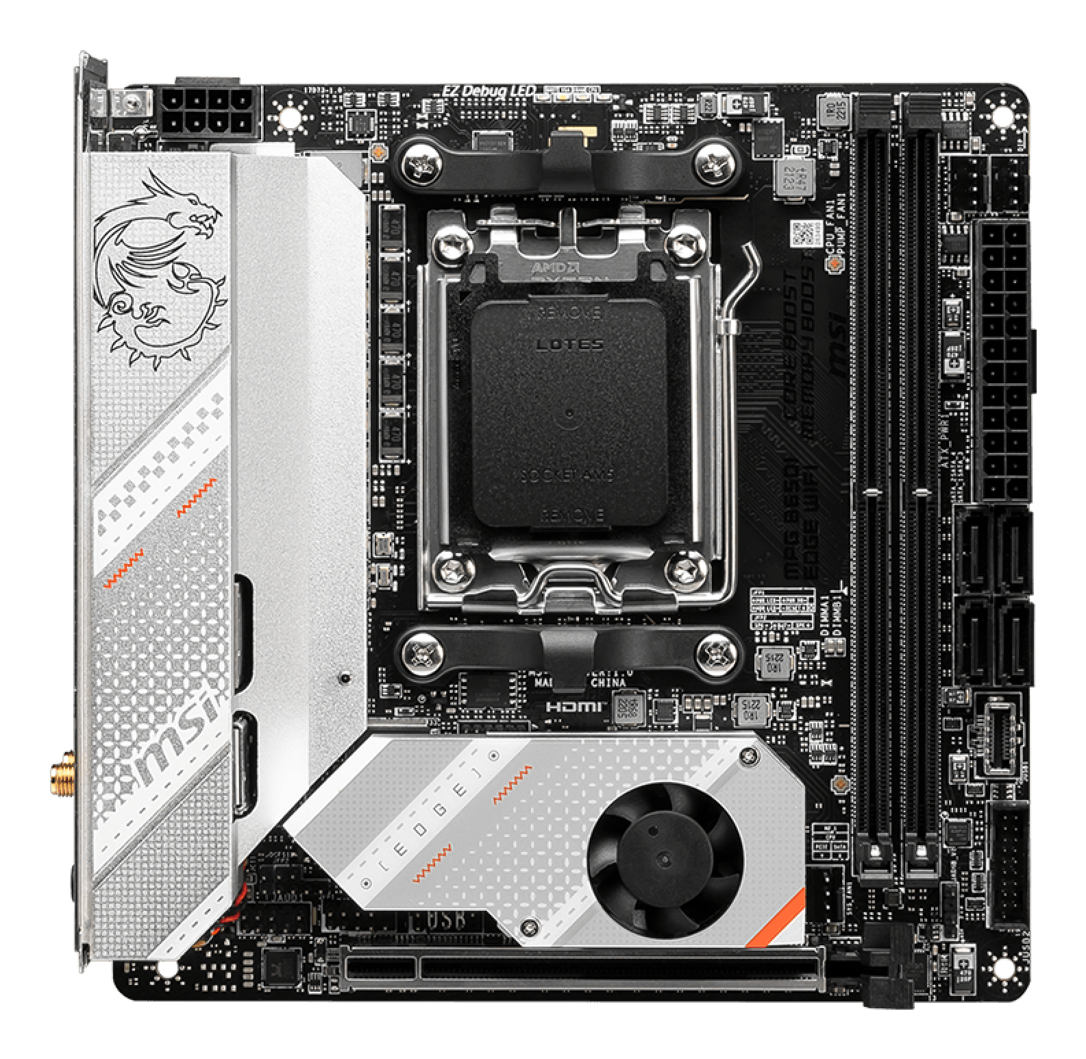 MSI MPG B650I EDGE WIFI - Motherboard - Mini-ITX - Socket AM5 - AMD B650 Chipsatz - USB 3.2 Gen 2, USB-C 3.2 Gen2, USB 3.2 Gen 1, USB-C 3.2 Gen 2x2 - 2.5 Gigabit LAN, Wi-Fi 6, Bluetooth - Onboard-Grafik (CPU erforderlich)