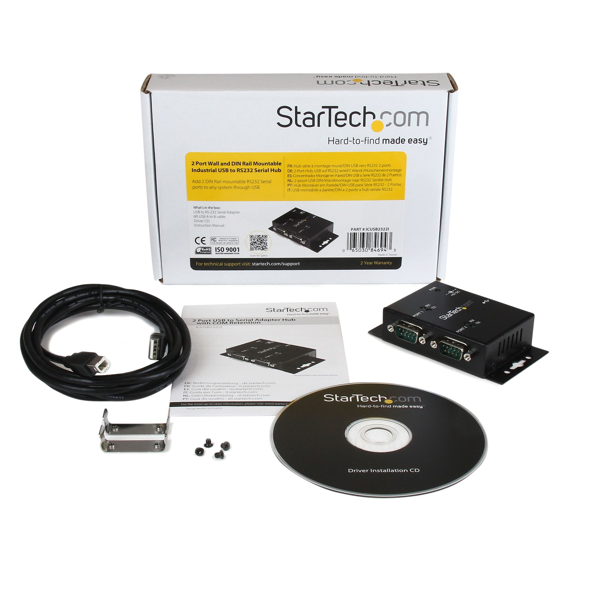 StarTech.com ICUSB2322I  StarTech.com Hub adaptateur industriel USB vers  série 2 ports à fixation murale avec clips de rail DIN