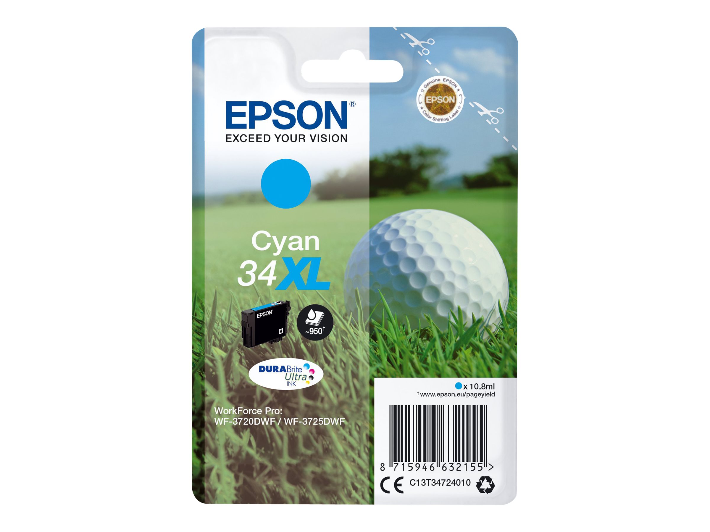 Epson Golf ball Singlepack Cyan 34XL DURABrite Ultra Ink