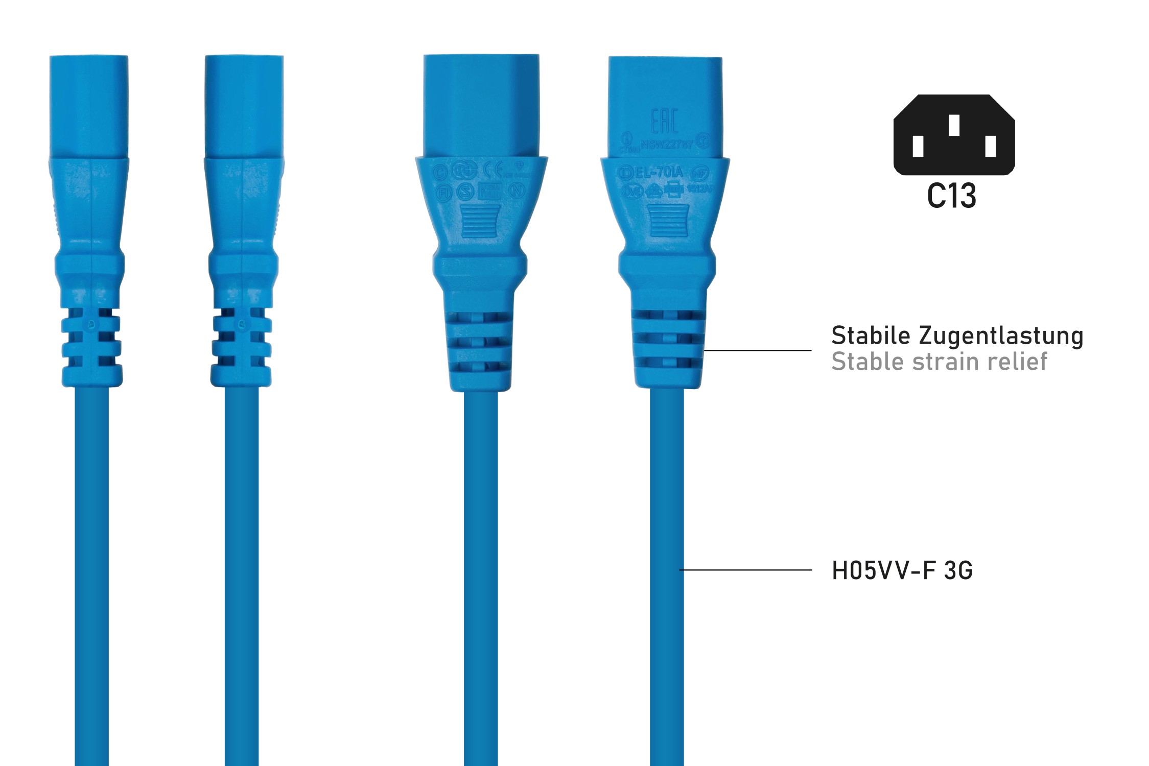 kabelmeister Netzkabel Schutzkontakt-Stecker Typ E+F (90 gew.) an Kaltgerte-Buchse C13, blau, 0,7