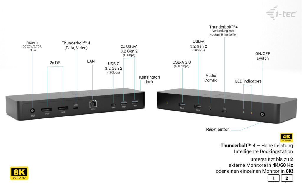 i-tec Thunderbolt 4 Intelligent Dual Display Docking Station + Power Delivery 90W