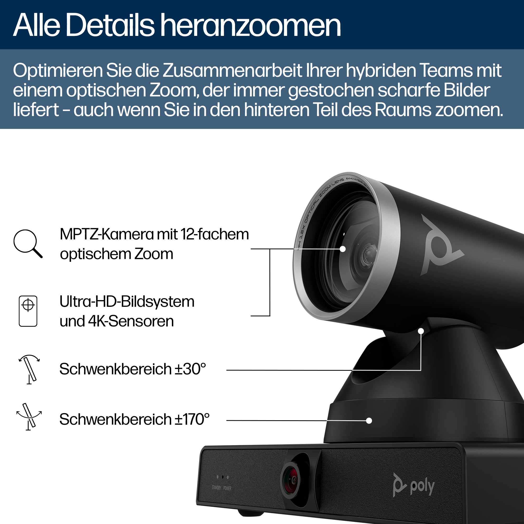 Poly HP Poly Studio E60 - Konferenzkamera - PTZ - Farbe - 2 x 8 MP - 3840 x 2160 - 4K UHD (3840 x 2160)