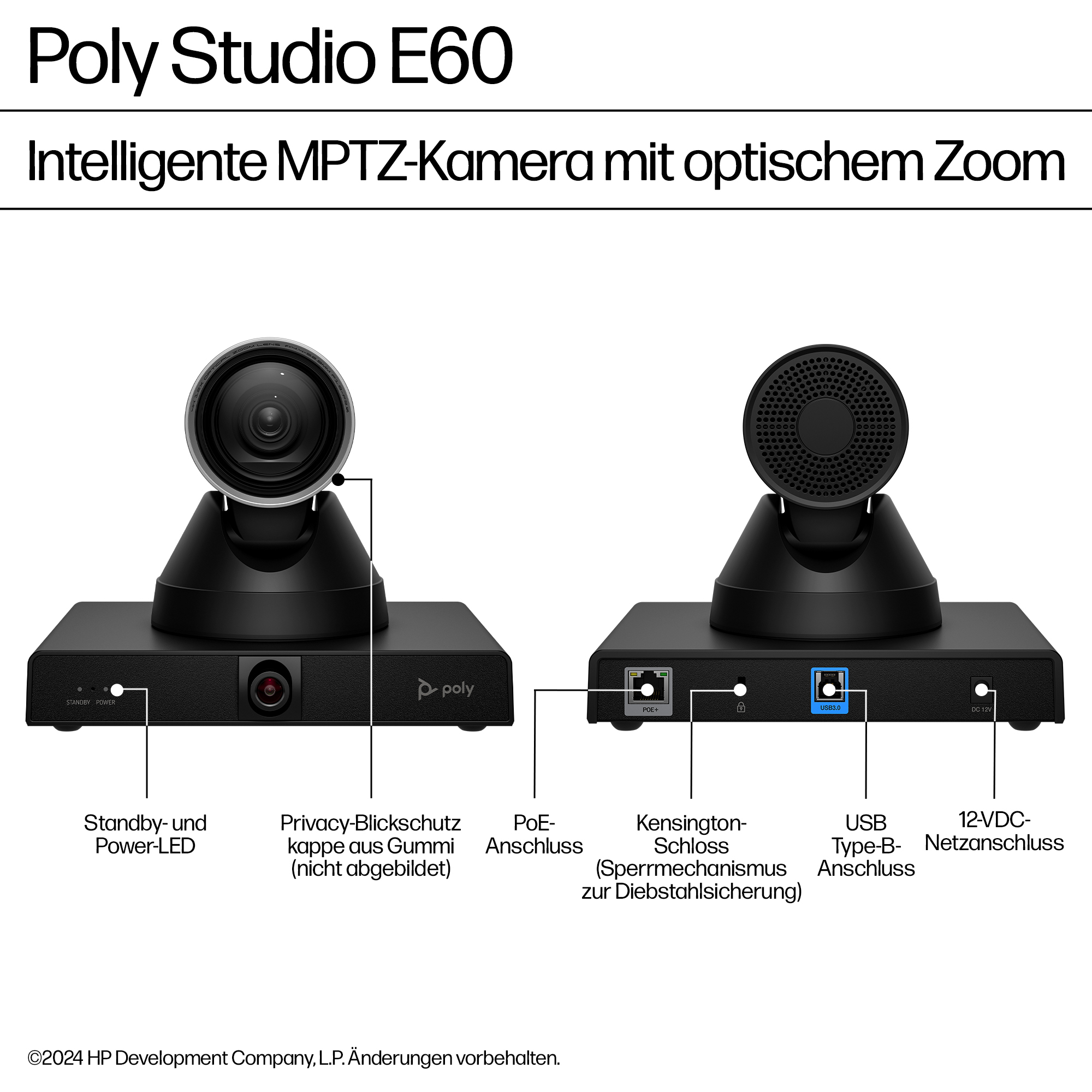 Poly HP Poly Studio E60 - Konferenzkamera - PTZ - Farbe - 2 x 8 MP - 3840 x 2160 - 4K UHD (3840 x 2160)