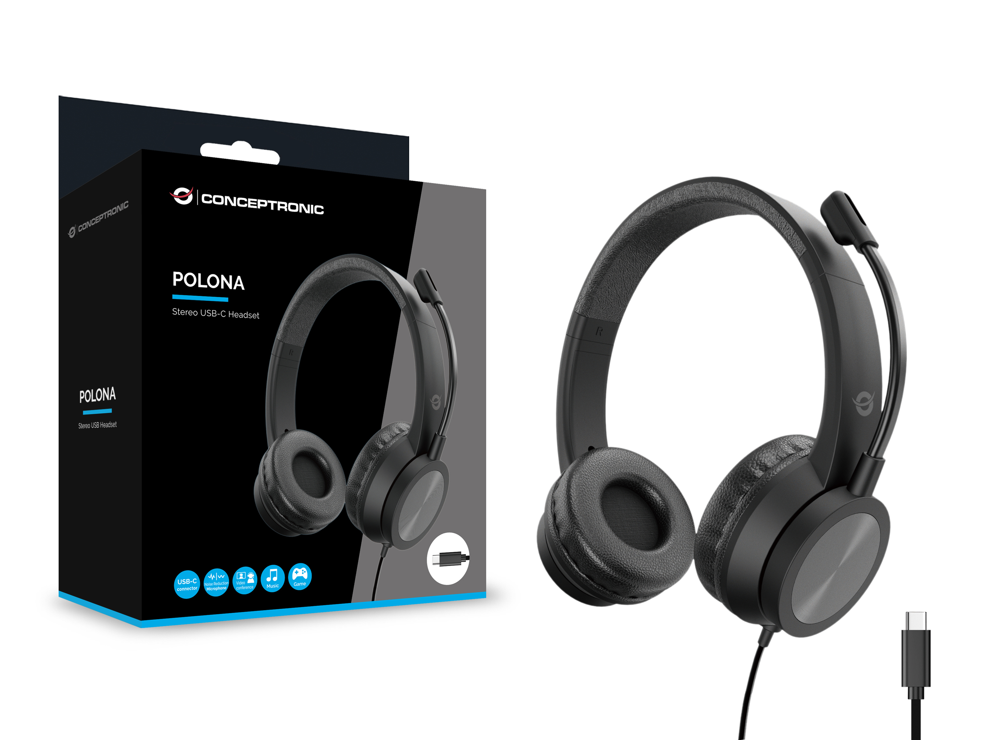Conceptronic POLONA05BC couteur/casque Avec fil Arceau Appels/Musique USB Type-C Noir
