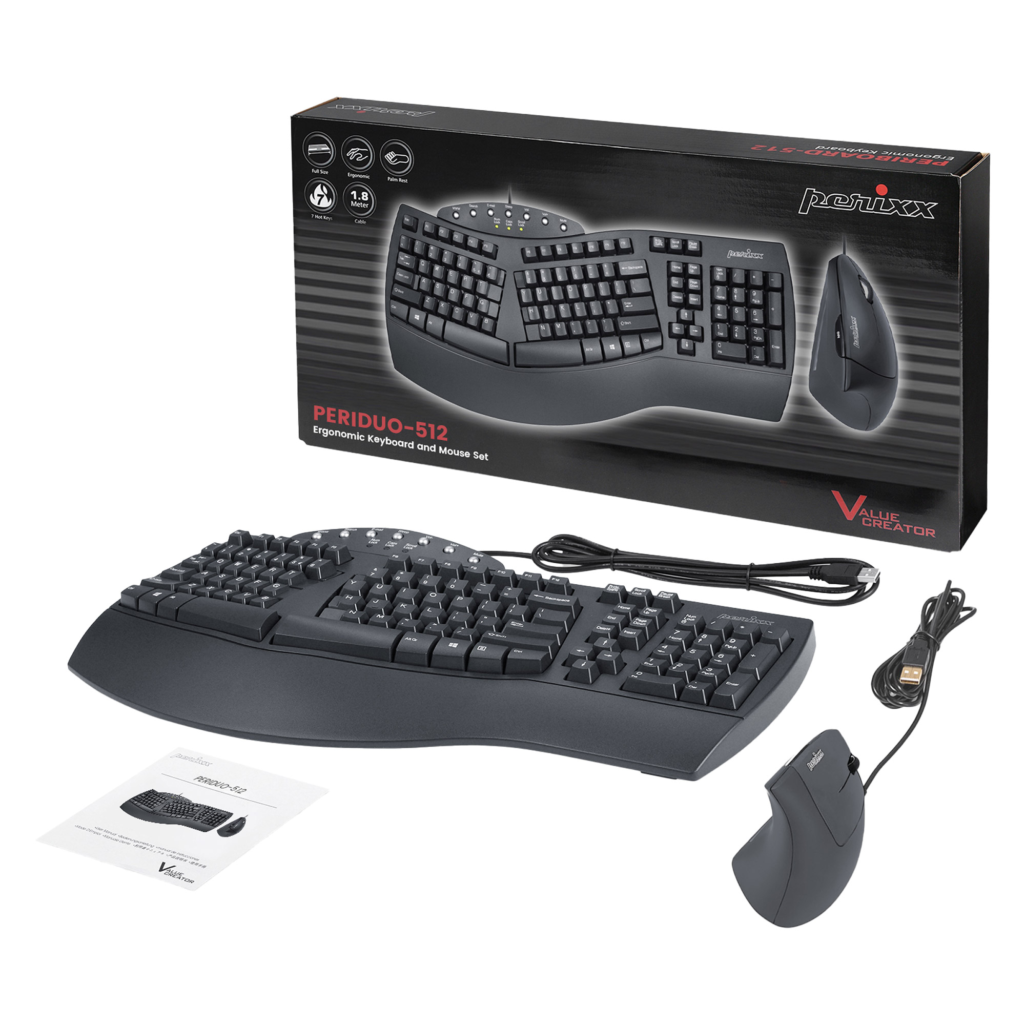 Perixx PERIDUO-512 DE Tastatur- und Maus-Set kabelgebunden ergonomisch - Tastatur - 1.600 dpi