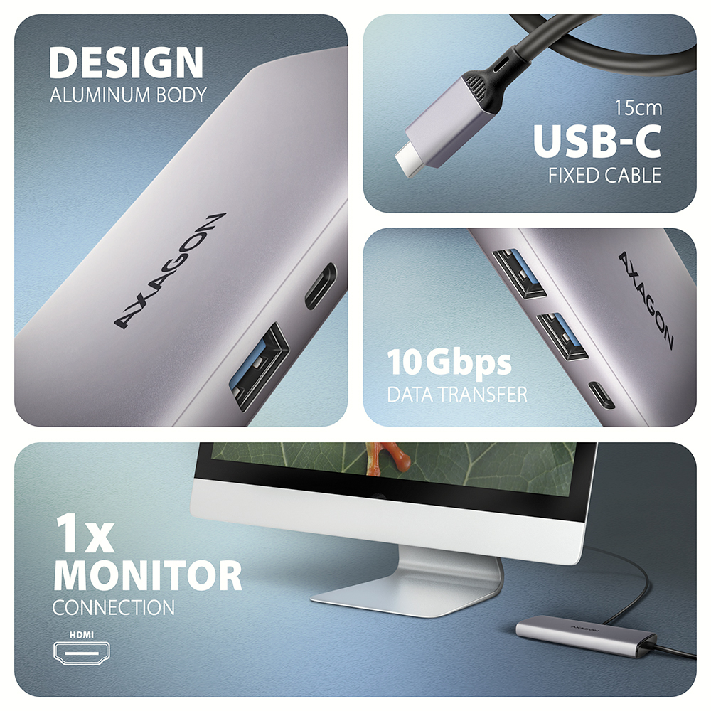 Axagon HMC-6G2L laptop dock/port replicator Wired USB 3.2 Gen 2 (3.1 Gen 2) Type-C Aluminium