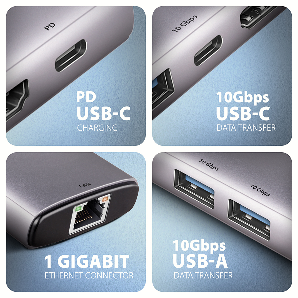 Axagon HMC-6G2L laptop dock/port replicator Wired USB 3.2 Gen 2 (3.1 Gen 2) Type-C Aluminium