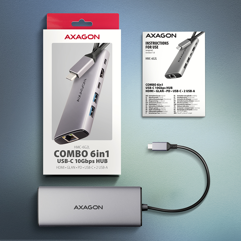 Axagon HMC-6G2L laptop dock/port replicator Wired USB 3.2 Gen 2 (3.1 Gen 2) Type-C Aluminium