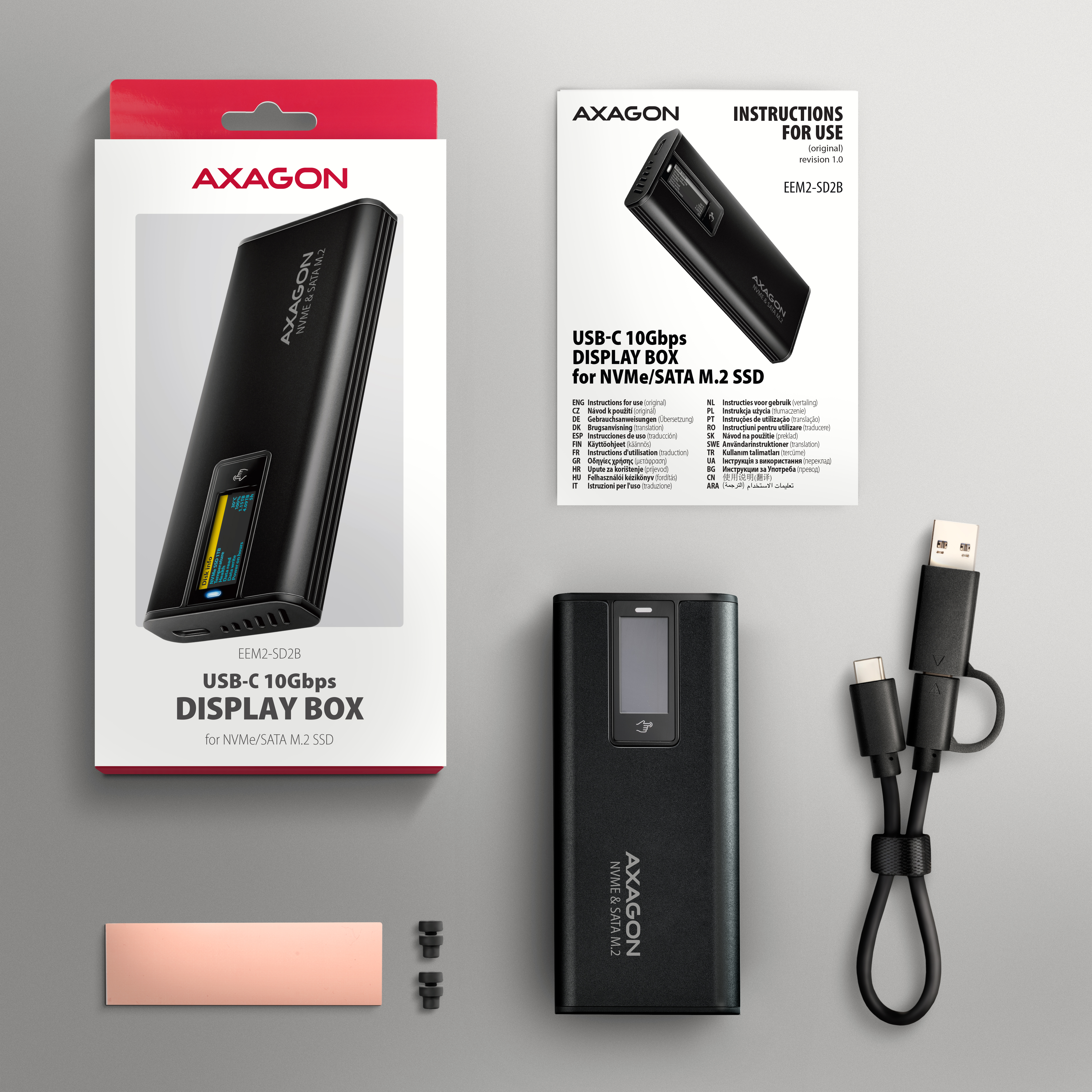 Axagon EEM2-SD2B caja para disco duro externo Caja externa para unidad de estado s�lido (SSD) Negro M.2