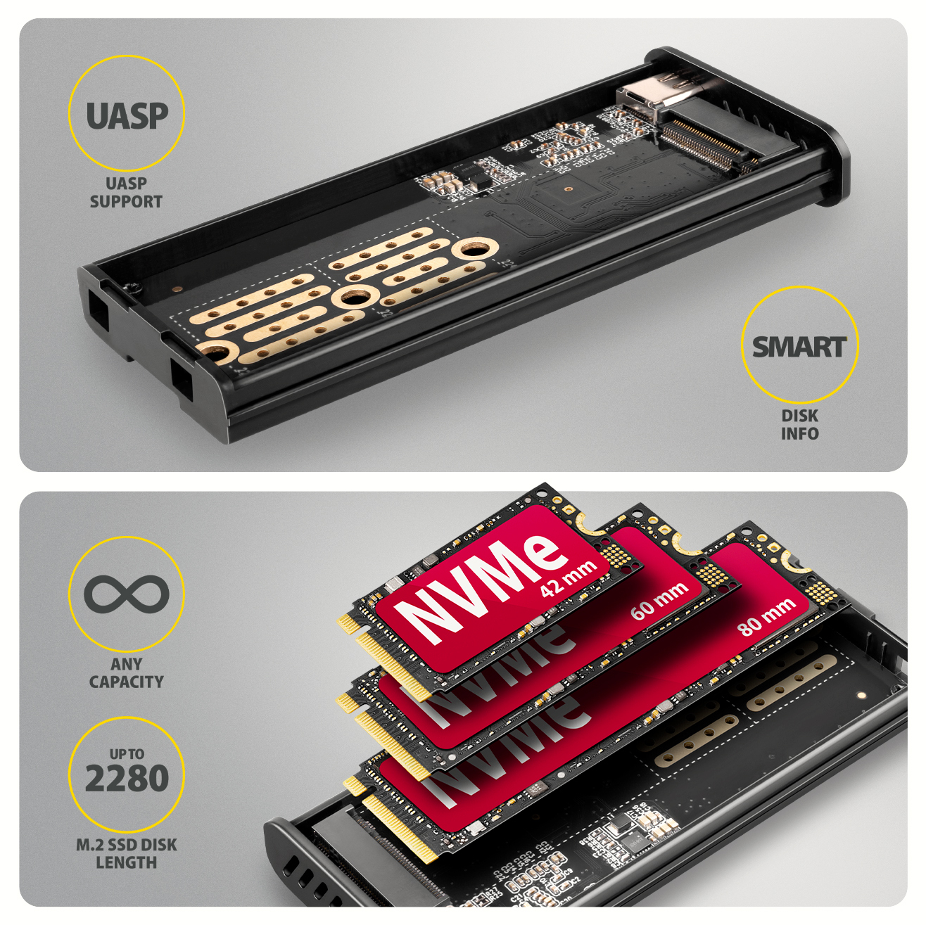 Axagon EEM2-SD2B caja para disco duro externo Caja externa para unidad de estado s�lido (SSD) Negro M.2
