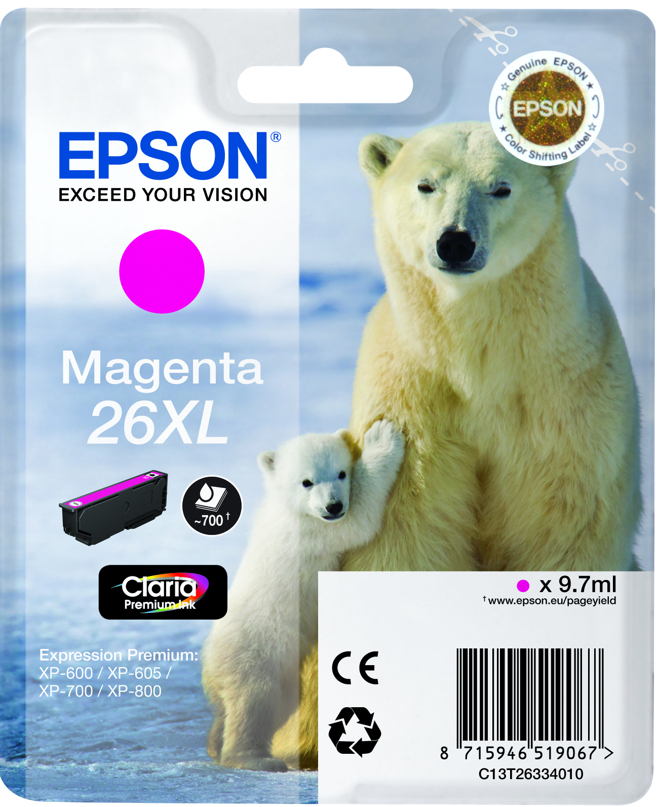 Epson Polar bear Singlepack Magenta 26XL Claria Premium Ink