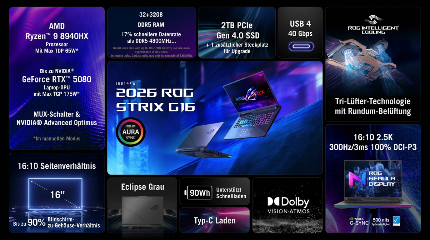 ASUS ROG Strix G16 R9-9955HX 32 1 5070Ti G614FR-TS229W W11H - Notebook - 5,4 GHz