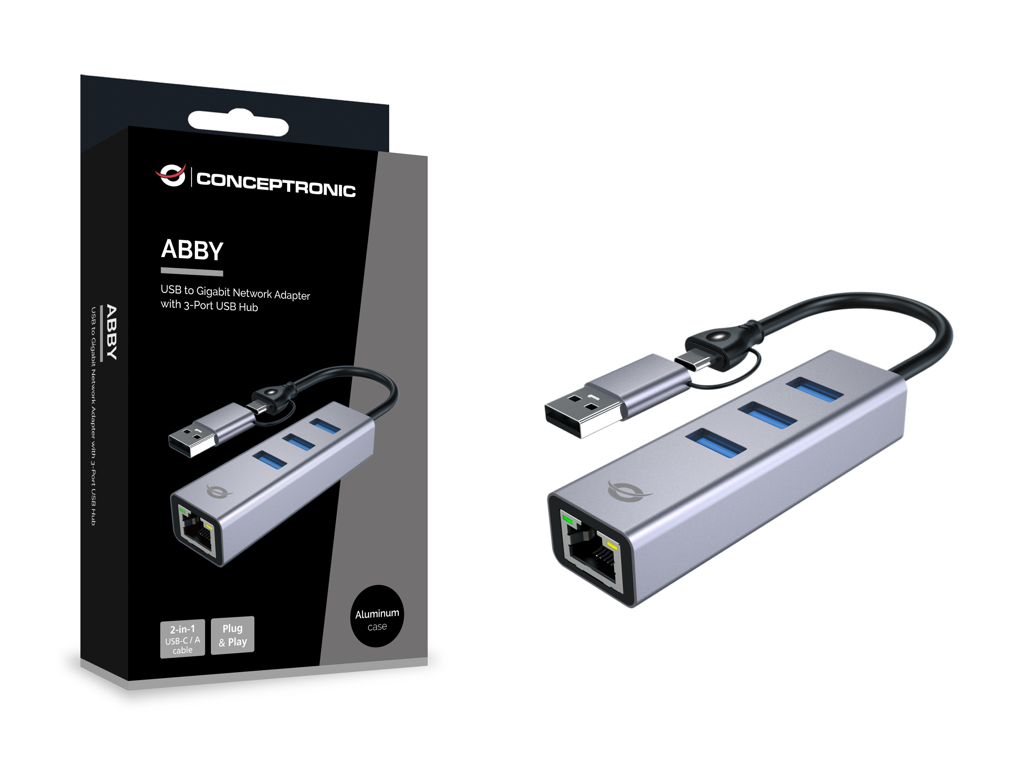 Conceptronic Adapter USB-C/-A3.0->GbE+3x-A3.0 5Gbs gr - Adapter - Digital/Daten
