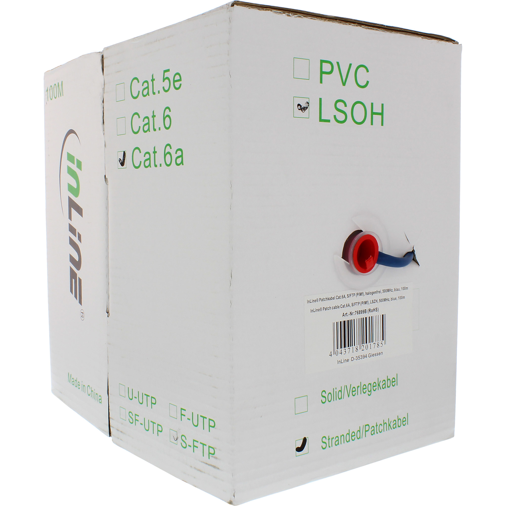 InLine Patch Cable S/FTP PiMF Cat.6A halogen free 500MHz blue 100m
