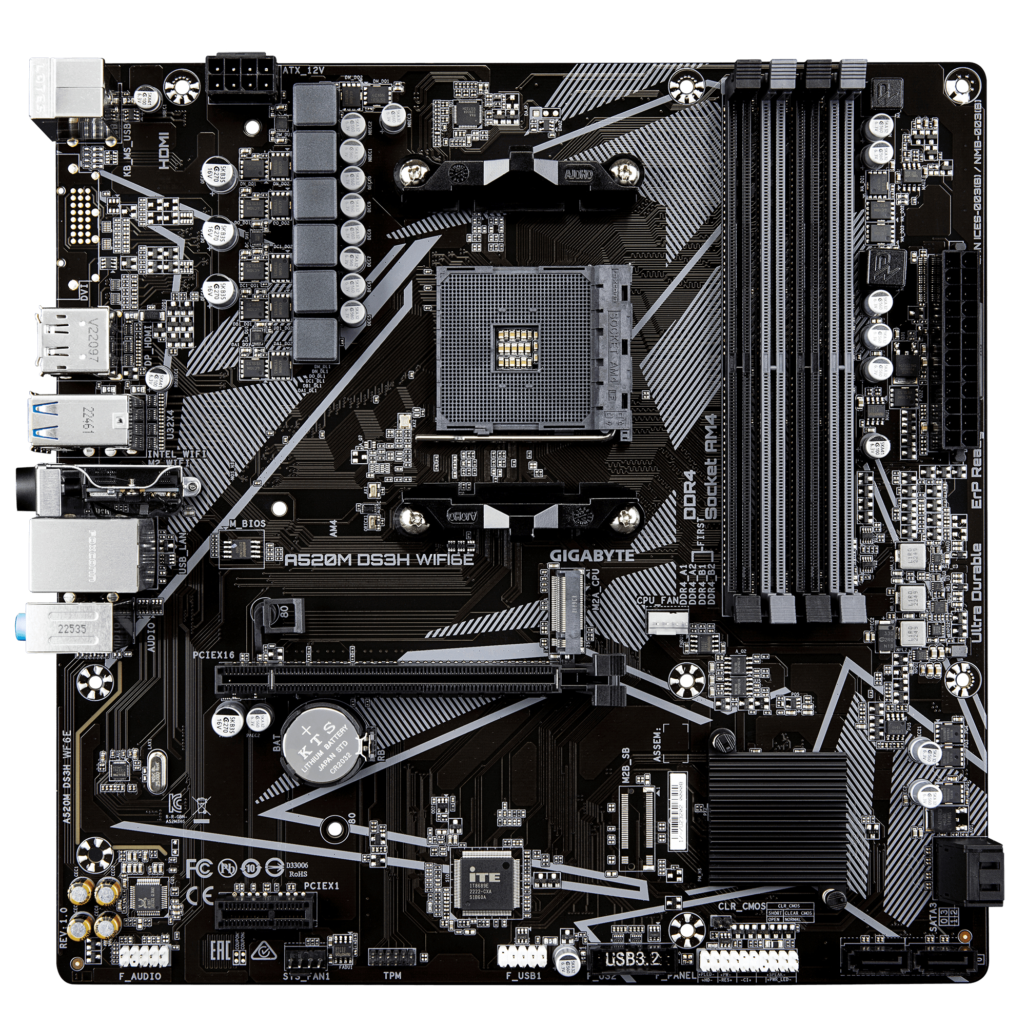 GIGABYTE A520M DS3H WIFI6E Motherboard - Supports AMD Ryzen 5000 Series AM4 CPUs, up to 4733MHz DDR4 (OC), 1xPCIe 3.0 M.2, WIFI 6E, GbE LAN, USB 3.2 Gen 1
