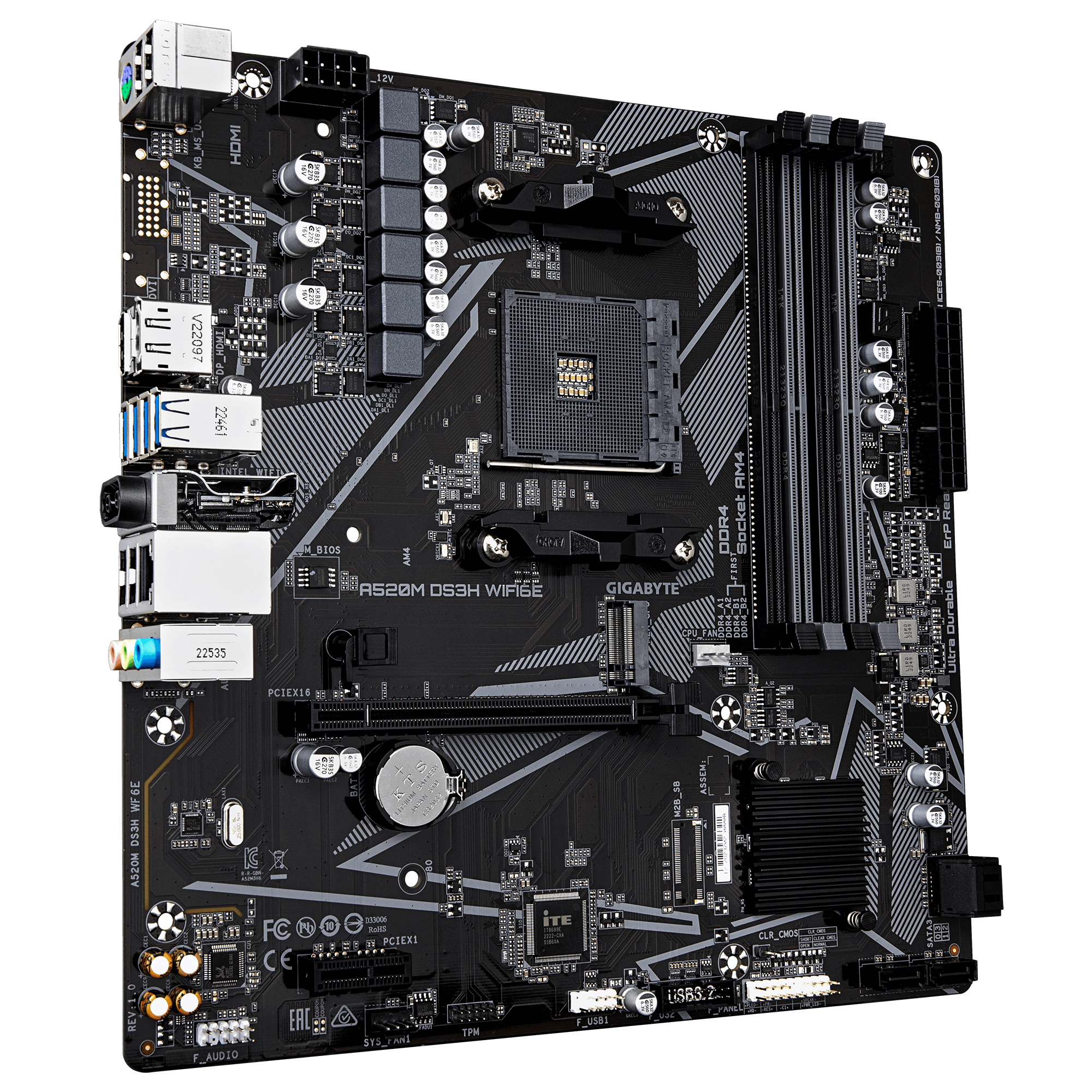 GIGABYTE A520M DS3H WIFI6E Motherboard - Supports AMD Ryzen 5000 Series AM4 CPUs, up to 4733MHz DDR4 (OC), 1xPCIe 3.0 M.2, WIFI 6E, GbE LAN, USB 3.2 Gen 1