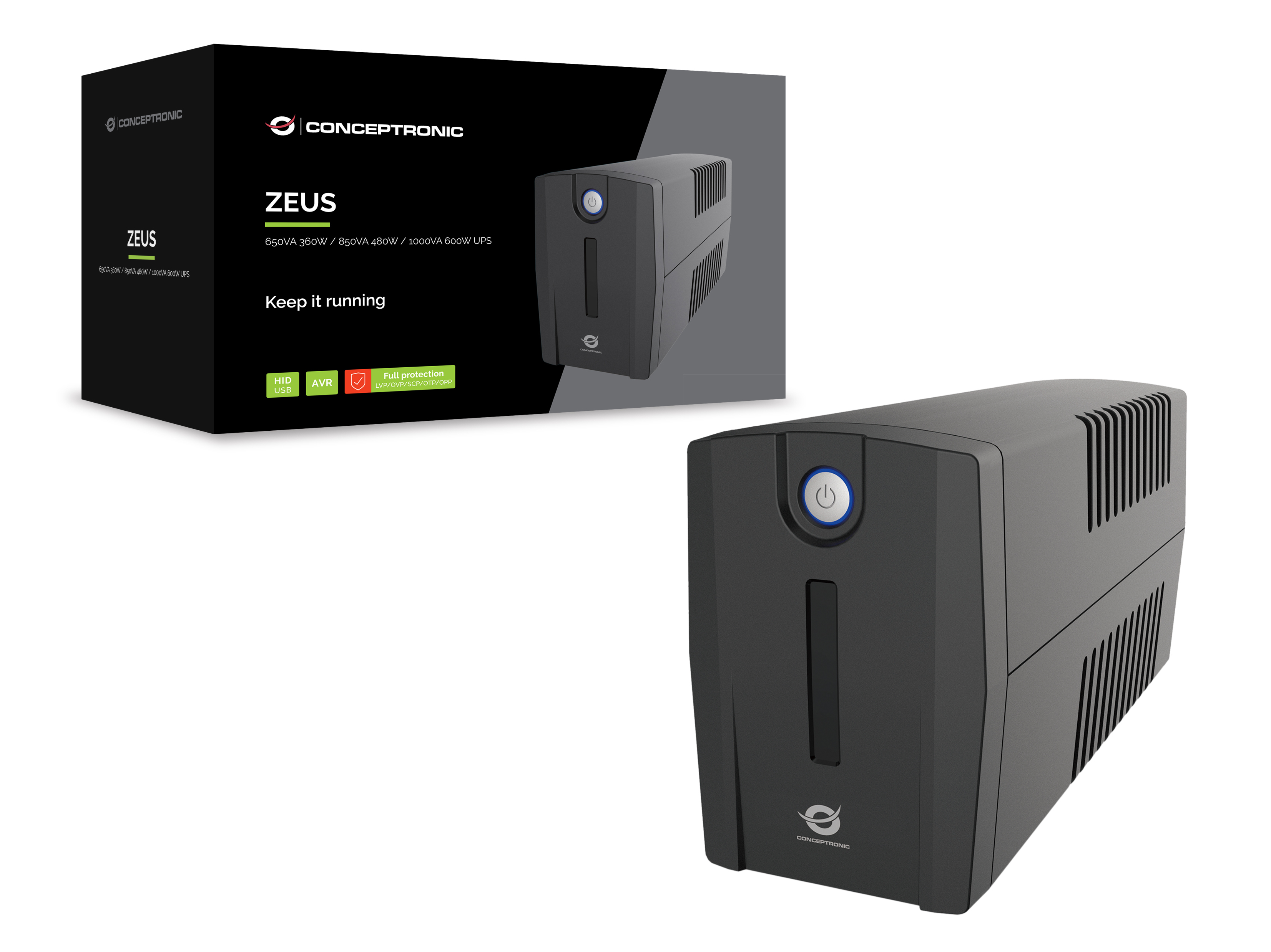 Conceptronic ZEUS01G 650VA 360W UPS, UK socket x 2, HID USB, RJ45 In/Out, AVR