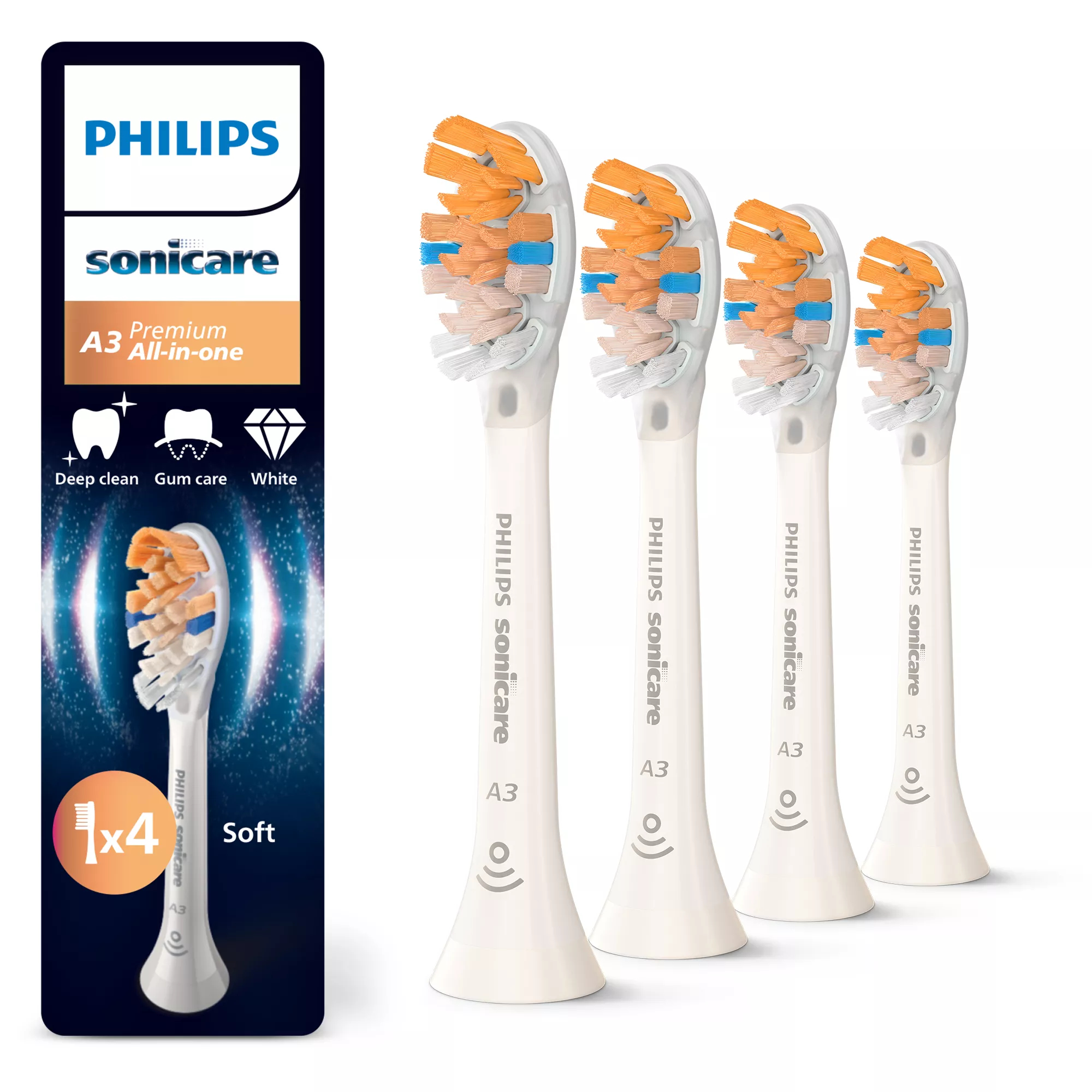 Philips A3 Premium All-in-One HX9094/87 Genuine Replacement Toothbrush Heads, White, 4 pack